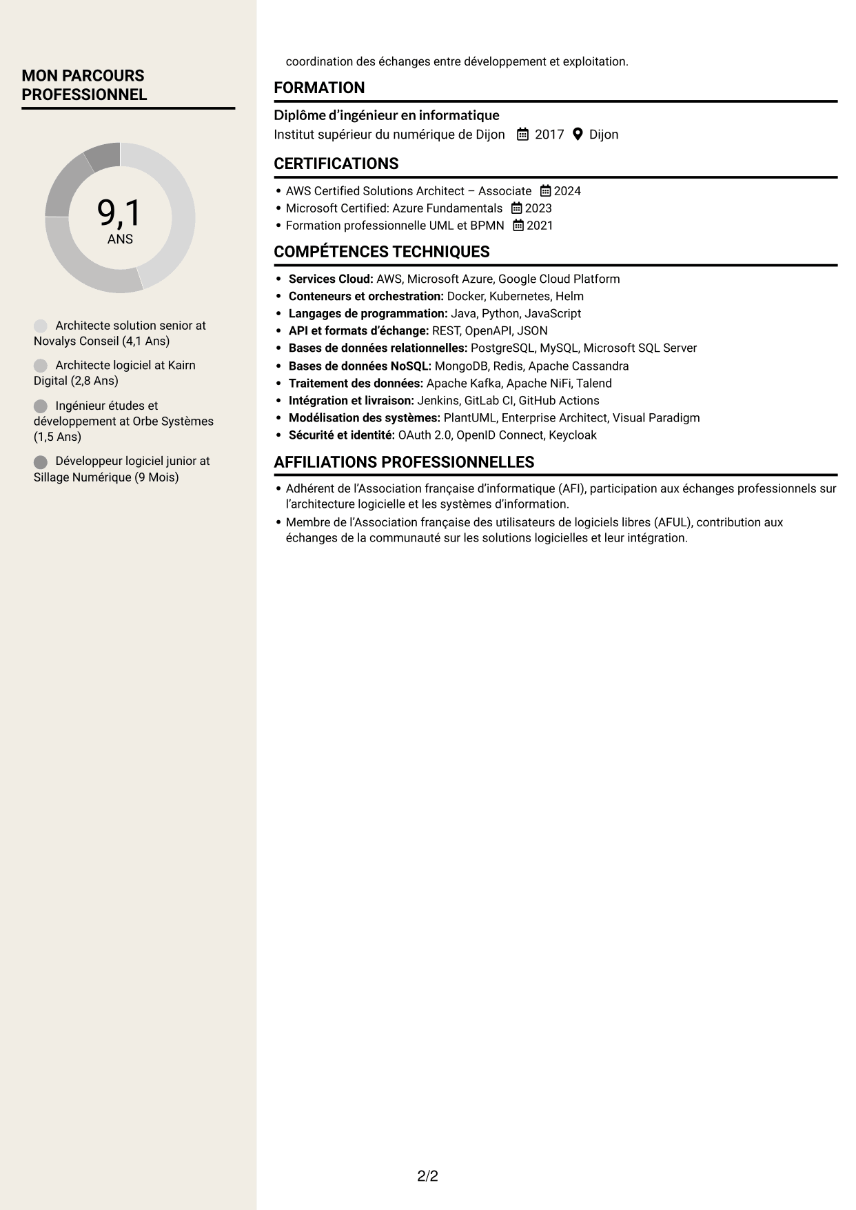 CV Fonceur (format à deux colonnes avec en-tête centré sans photo) : Architecte solution - Architecture logicielle et intégration, page 2