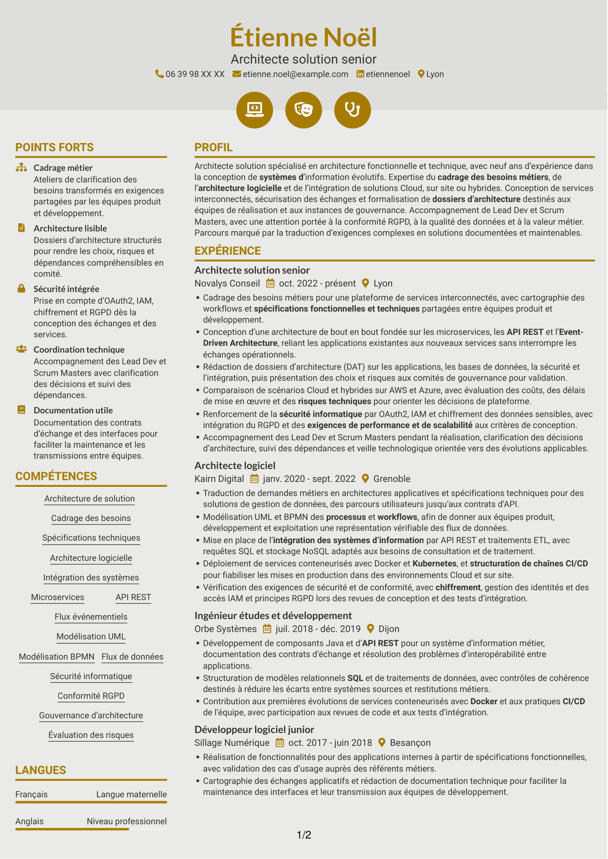 CV Dynamique (format à deux colonnes avec icônes) : Architecte solution - Architecture logicielle et intégration, page 1