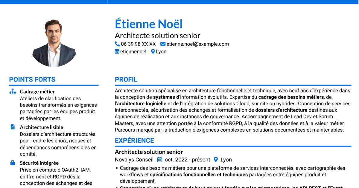 7 modèles de CV pour Architecte solution - Architecture logicielle et intégration, avec exemples