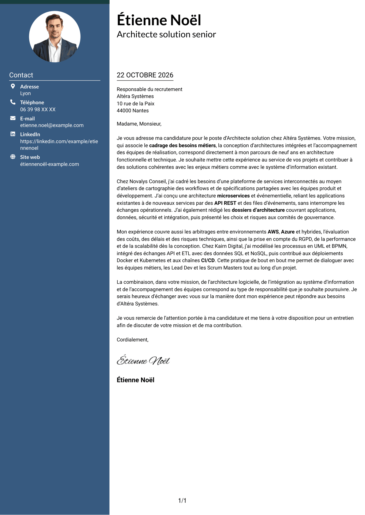 Lettre de motivation Élégant (format à colonne latérale colorée avec photo) : Architecte solution - Architecture logicielle et intégration, page 1
