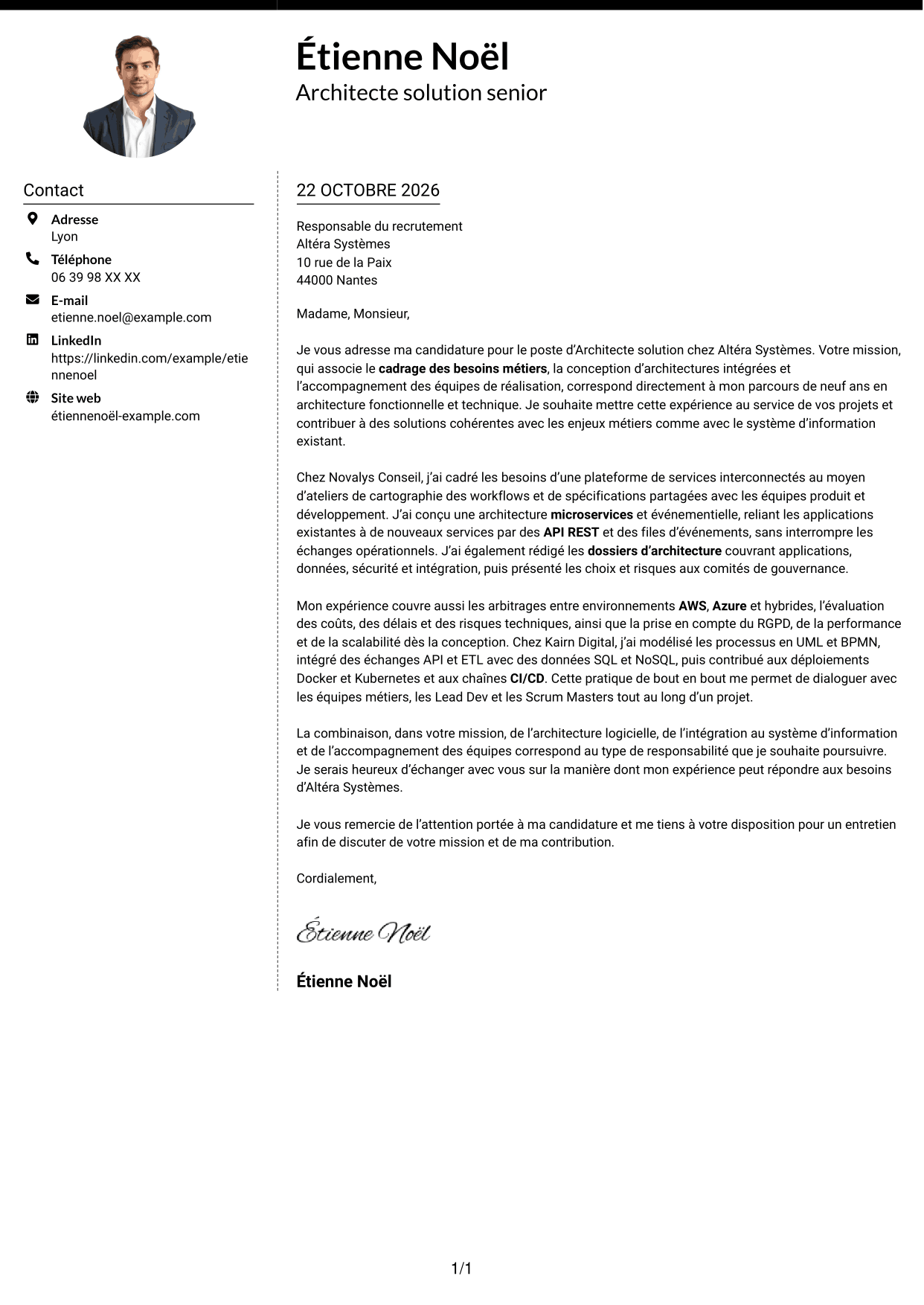 Lettre de motivation Moderne (format à deux colonnes avec photo à gauche et séparateur) : Architecte solution - Architecture logicielle et intégration, page 1