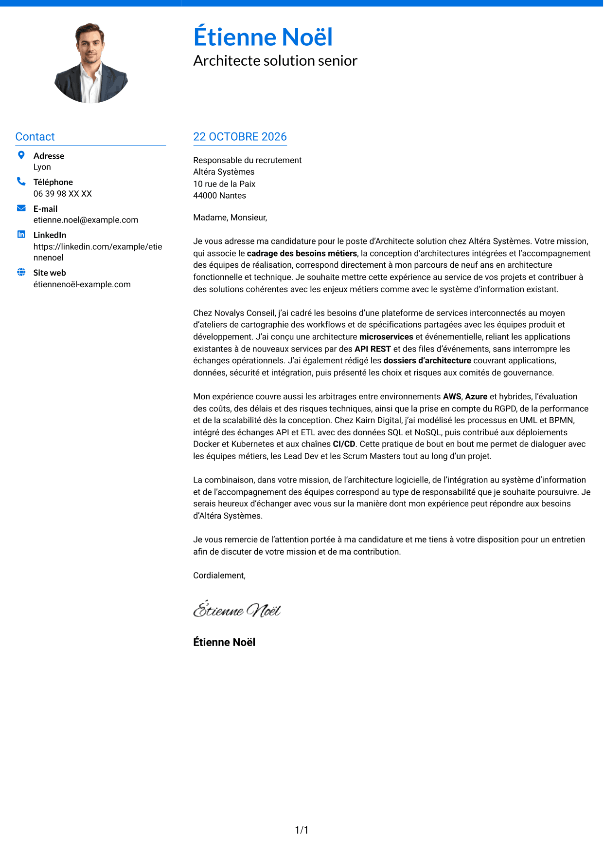 Lettre de motivation Audacieux (format à deux colonnes avec accents colorés et photo) : Architecte solution - Architecture logicielle et intégration, page 1