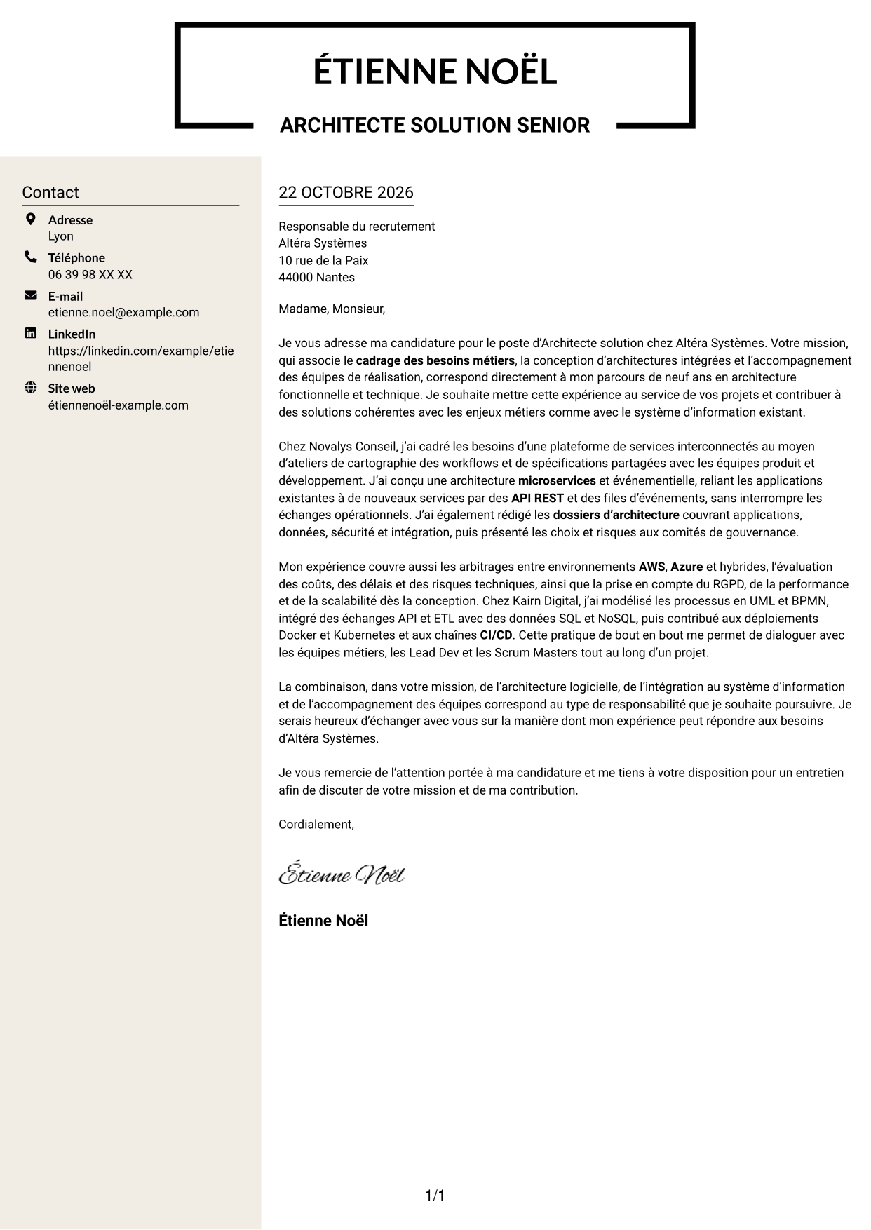 Lettre de motivation Fonceur (format à deux colonnes avec en-tête centré sans photo) : Architecte solution - Architecture logicielle et intégration, page 1