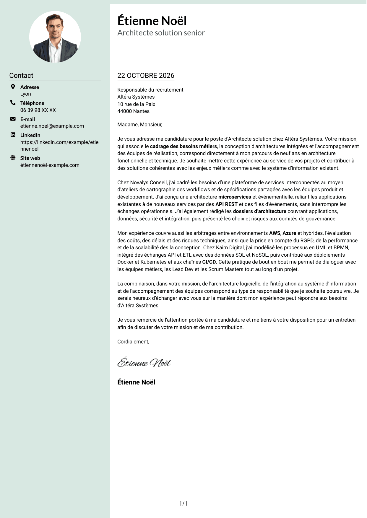 Lettre de motivation Cadre (format à colonne latérale douce avec photo arrondie) : Architecte solution - Architecture logicielle et intégration, page 1