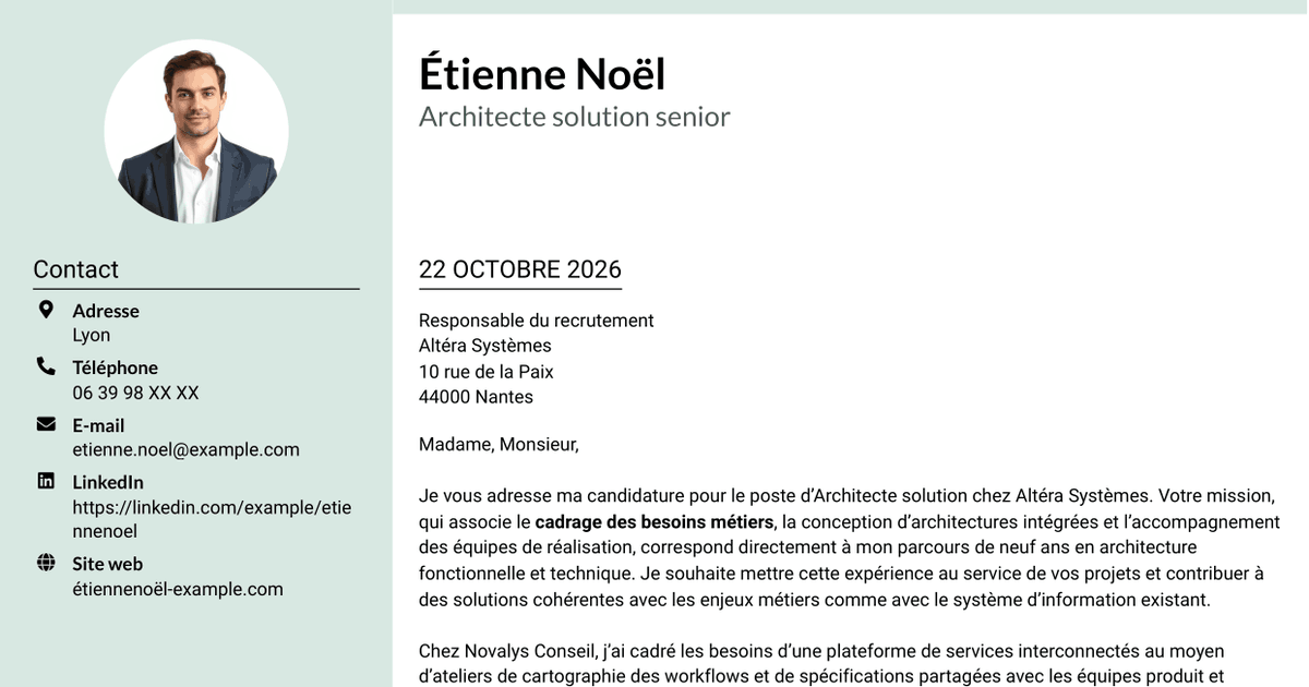 7 modèles de lettre de motivation pour Architecte solution - Architecture logicielle et intégration, avec exemples