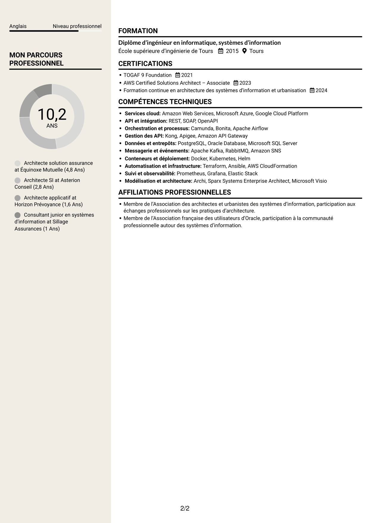 CV Fonceur (format à deux colonnes avec en-tête centré sans photo) : Architecte Solution - Assurance, page 2