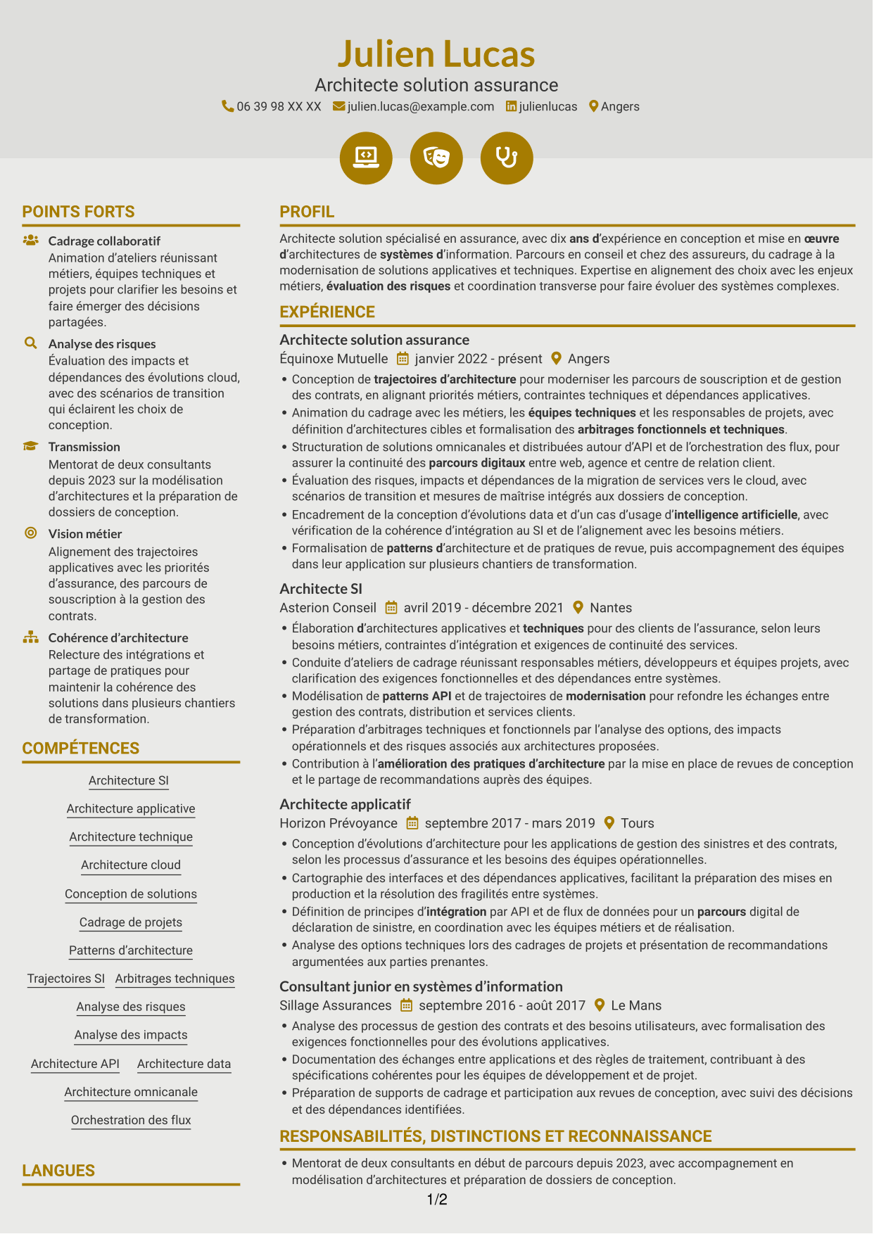 CV Dynamique (format à deux colonnes avec icônes) : Architecte Solution - Assurance, page 1
