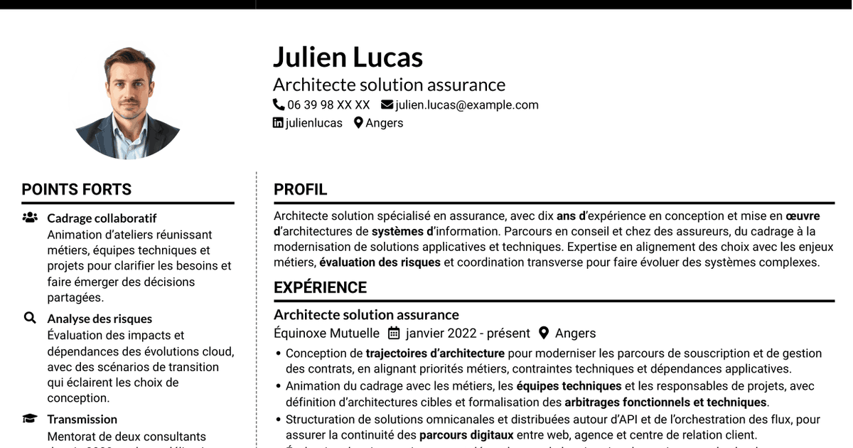 7 modèles de CV pour Architecte Solution - Assurance, avec exemples