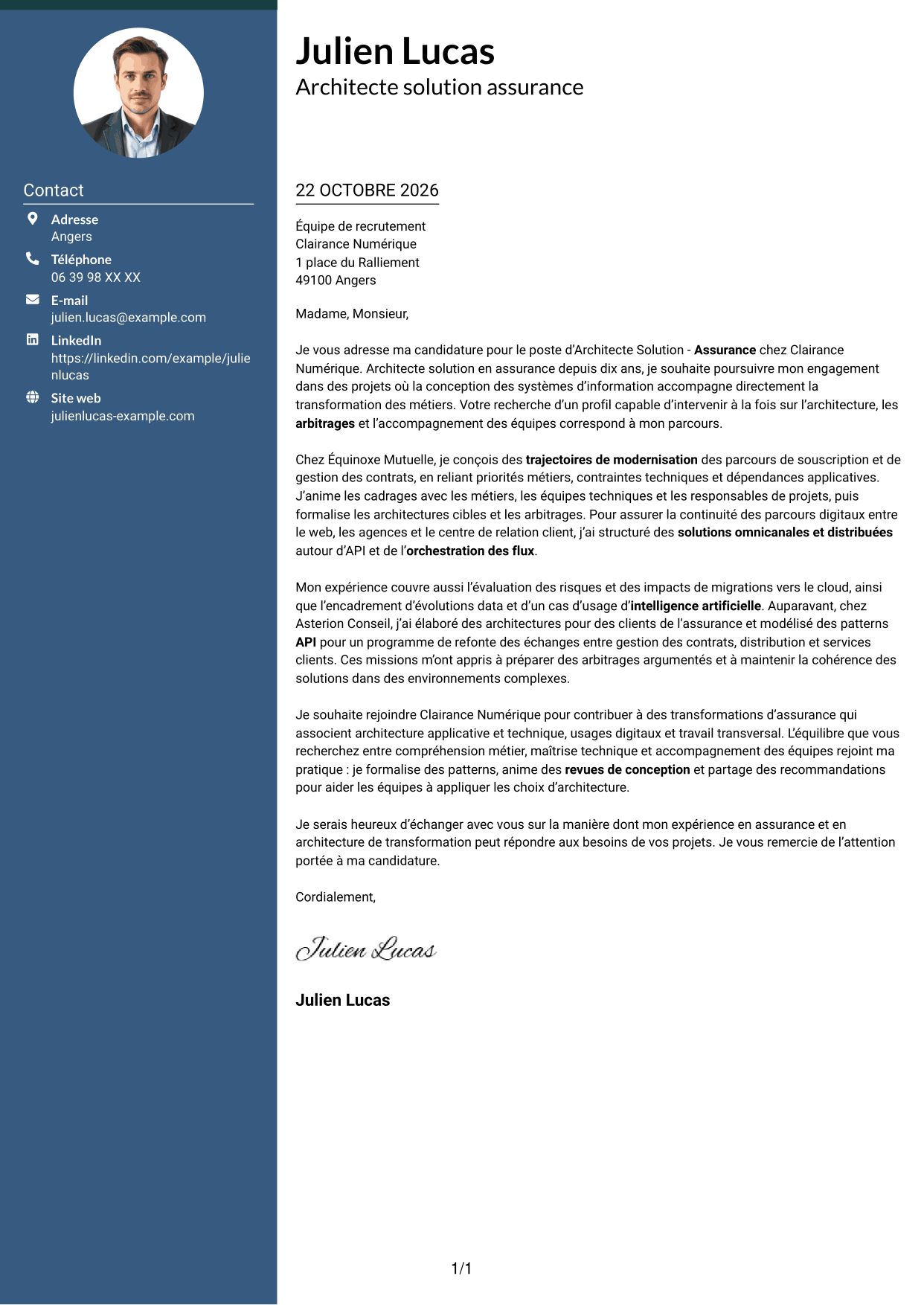 Lettre de motivation Élégant (format à colonne latérale colorée avec photo) : Architecte Solution - Assurance, page 1