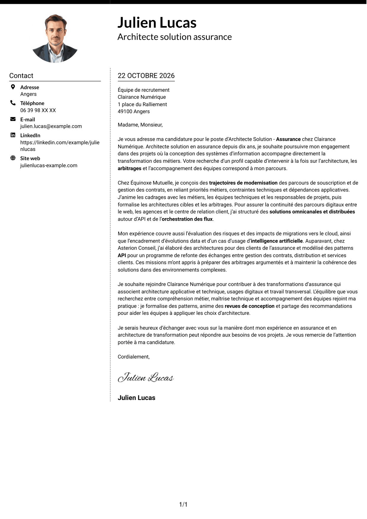 Lettre de motivation Moderne (format à deux colonnes avec photo à gauche et séparateur) : Architecte Solution - Assurance, page 1