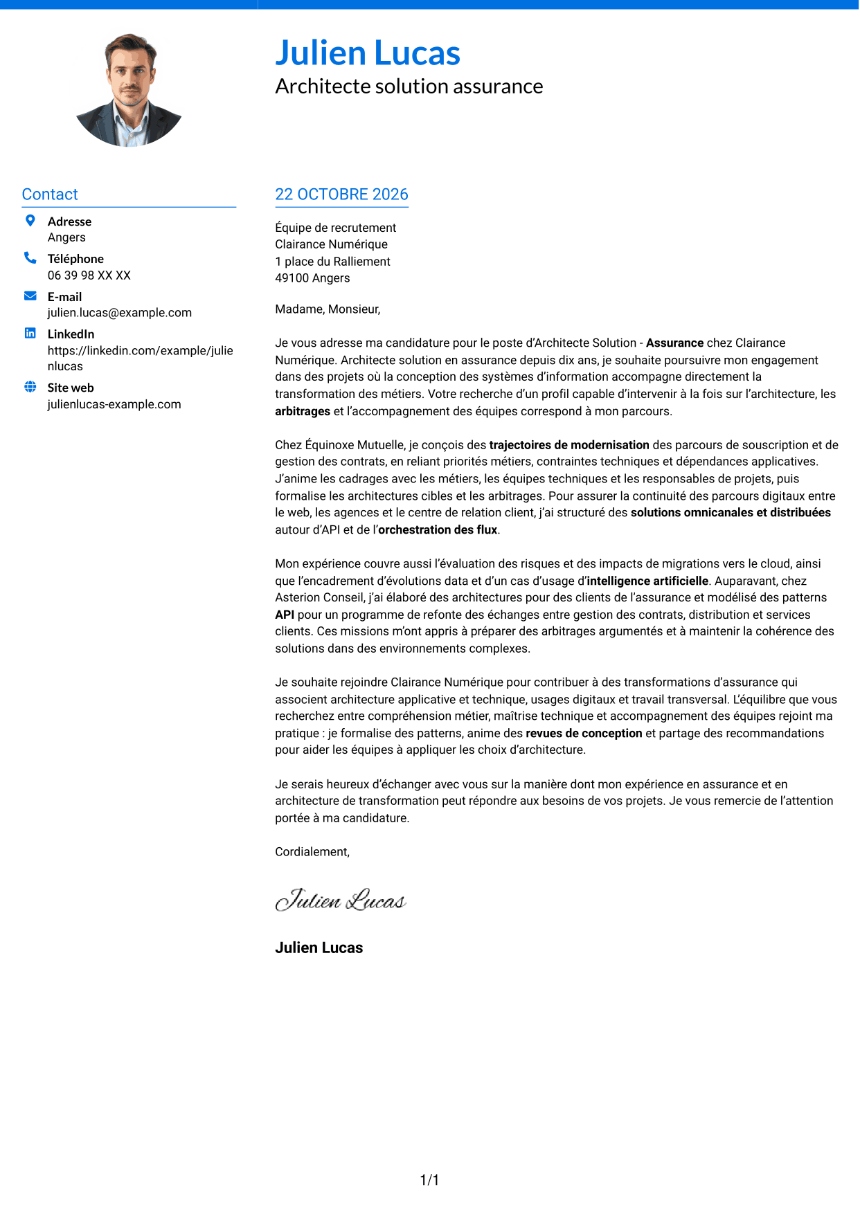 Lettre de motivation Audacieux (format à deux colonnes avec accents colorés et photo) : Architecte Solution - Assurance, page 1
