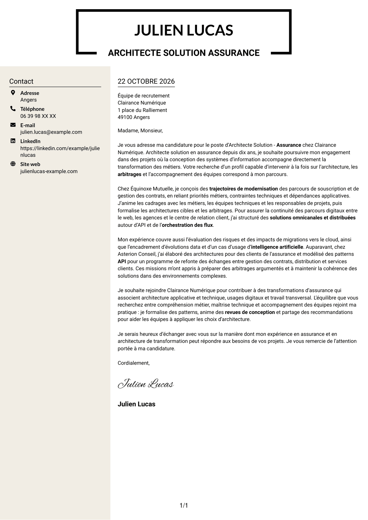 Lettre de motivation Fonceur (format à deux colonnes avec en-tête centré sans photo) : Architecte Solution - Assurance, page 1