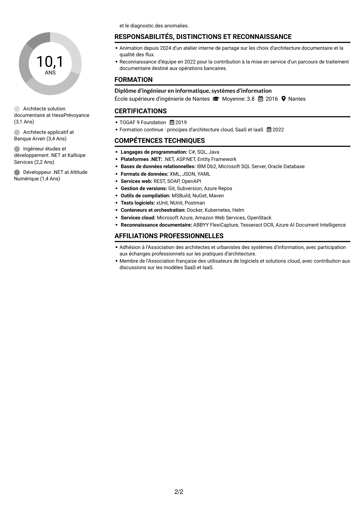CV Compact (format sobre à deux colonnes avec photo) : Architecte solution C# .NET, page 2