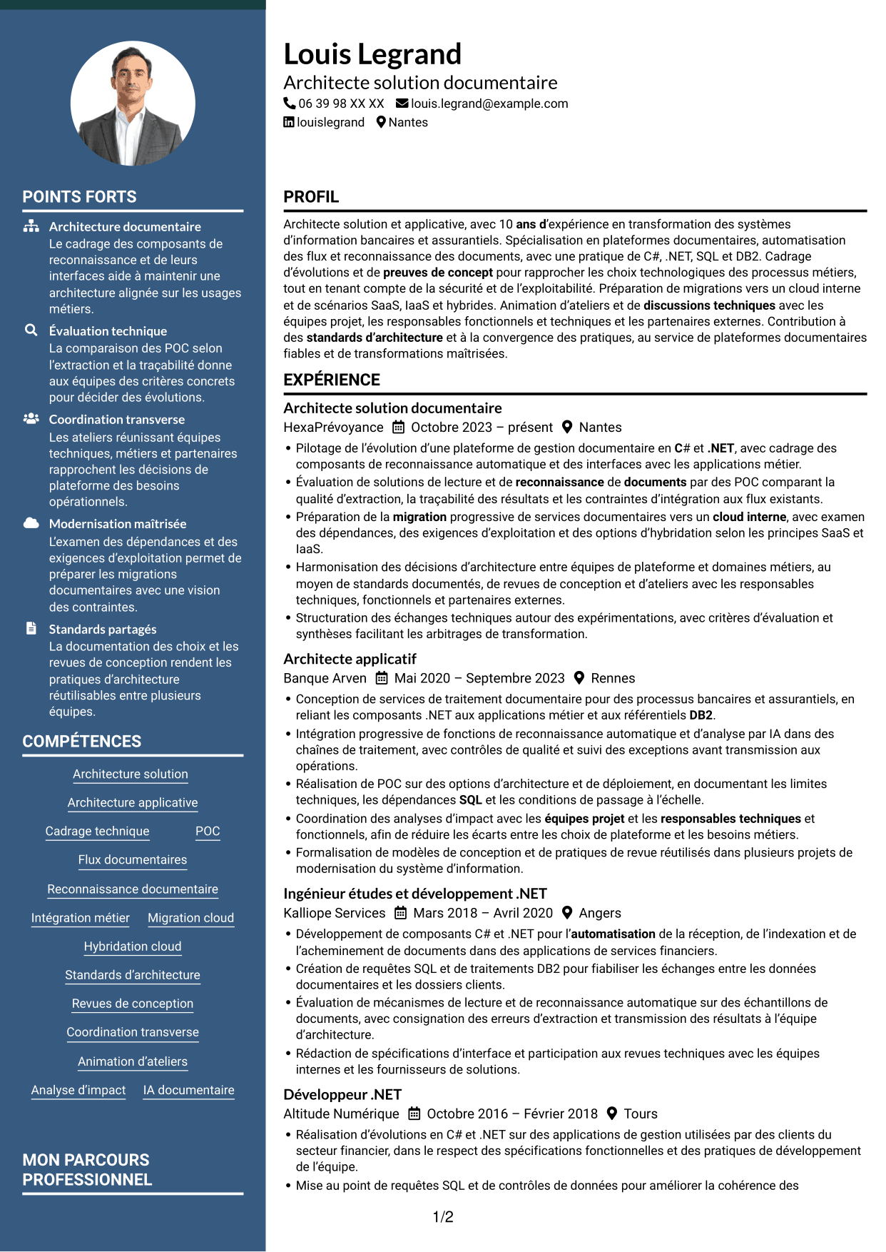 CV Élégant (format à colonne latérale colorée avec photo) : Architecte solution C# .NET, page 1