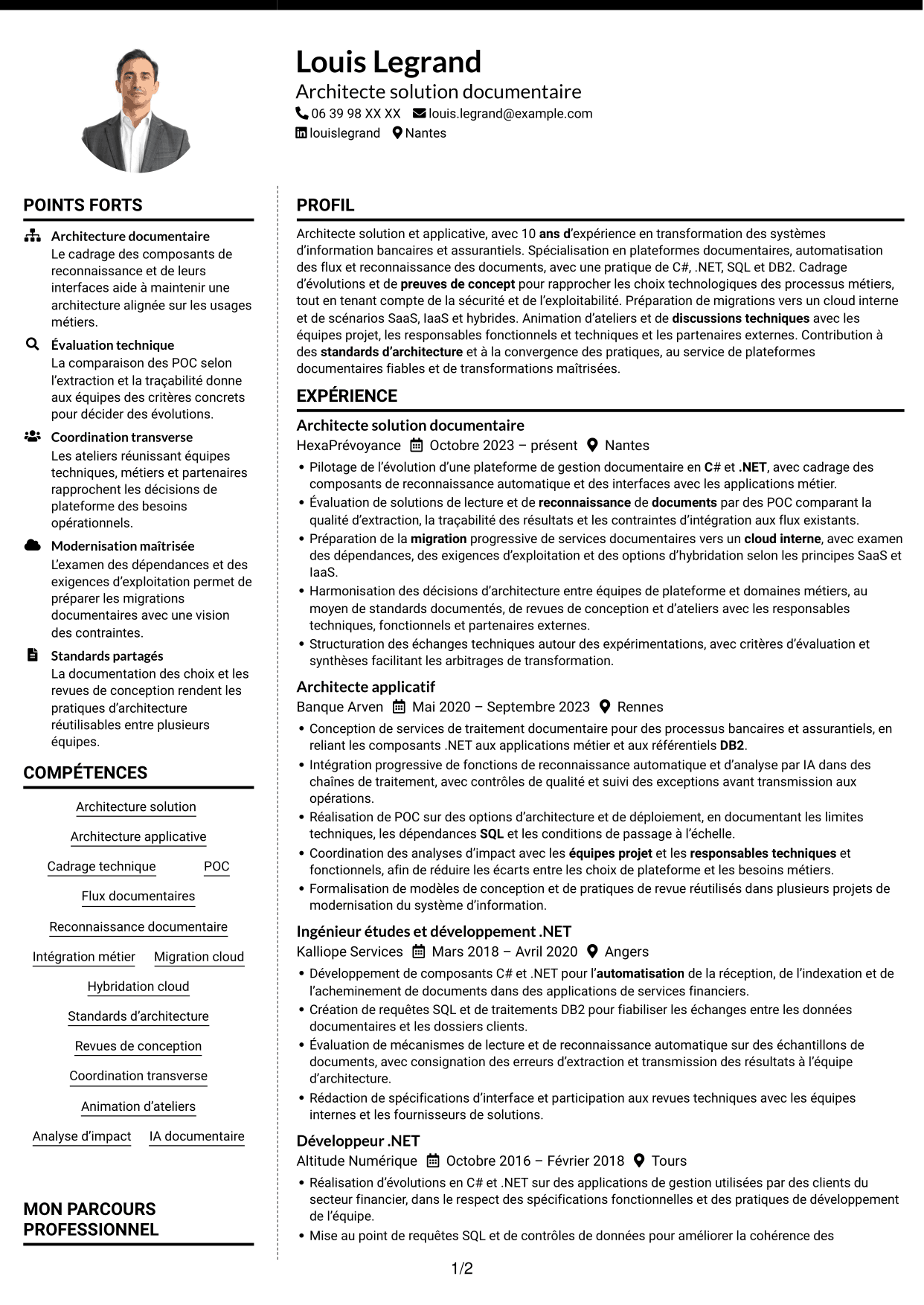 CV Moderne (format à deux colonnes avec photo à gauche et séparateur) : Architecte solution C# .NET, page 1
