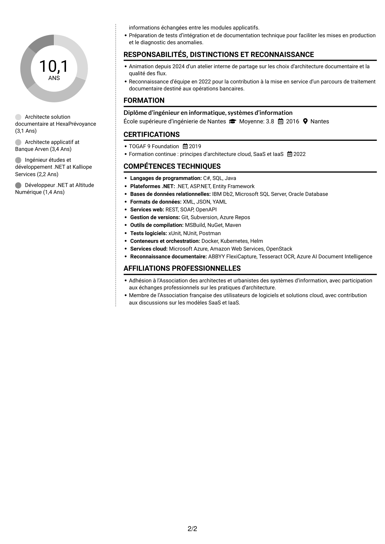 CV Moderne (format à deux colonnes avec photo à gauche et séparateur) : Architecte solution C# .NET, page 2