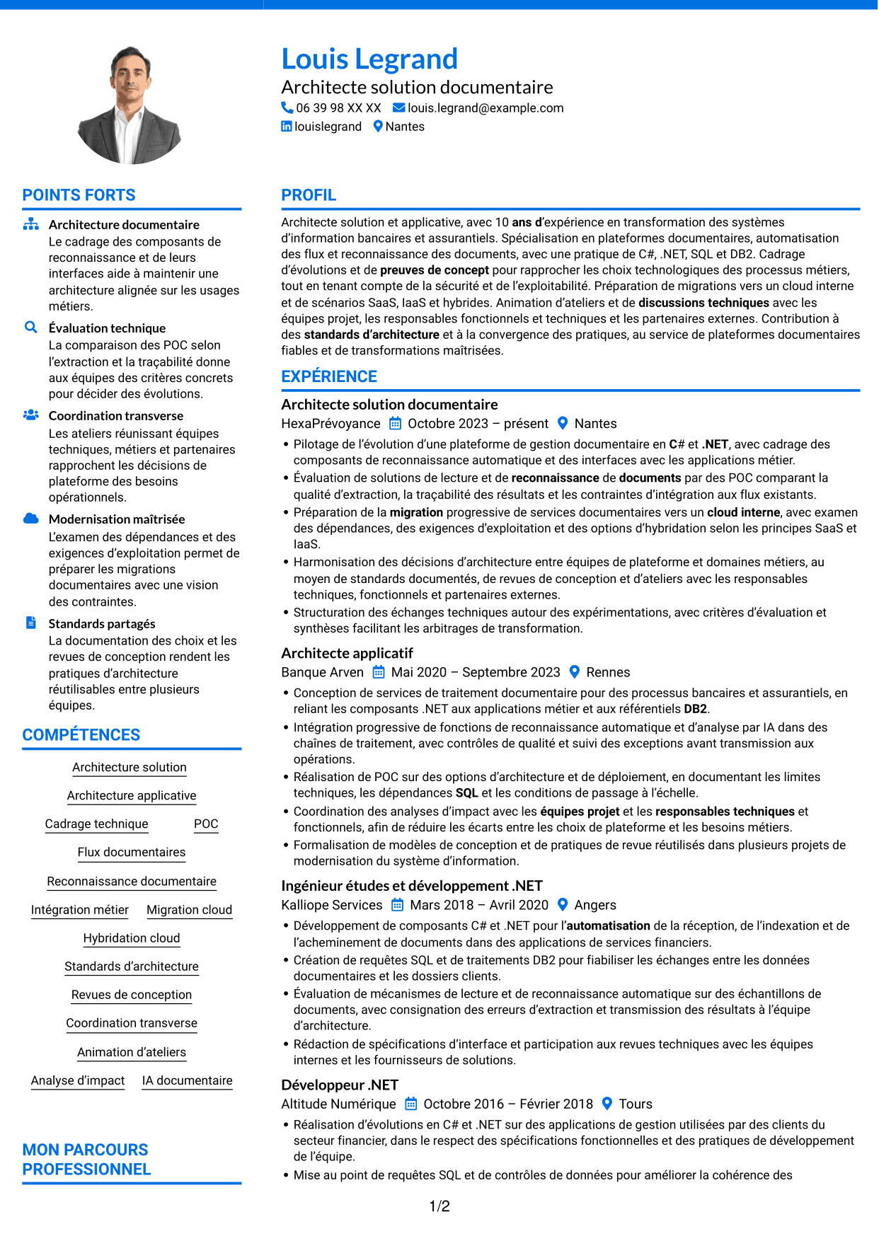 CV Audacieux (format à deux colonnes avec accents colorés et photo) : Architecte solution C# .NET, page 1