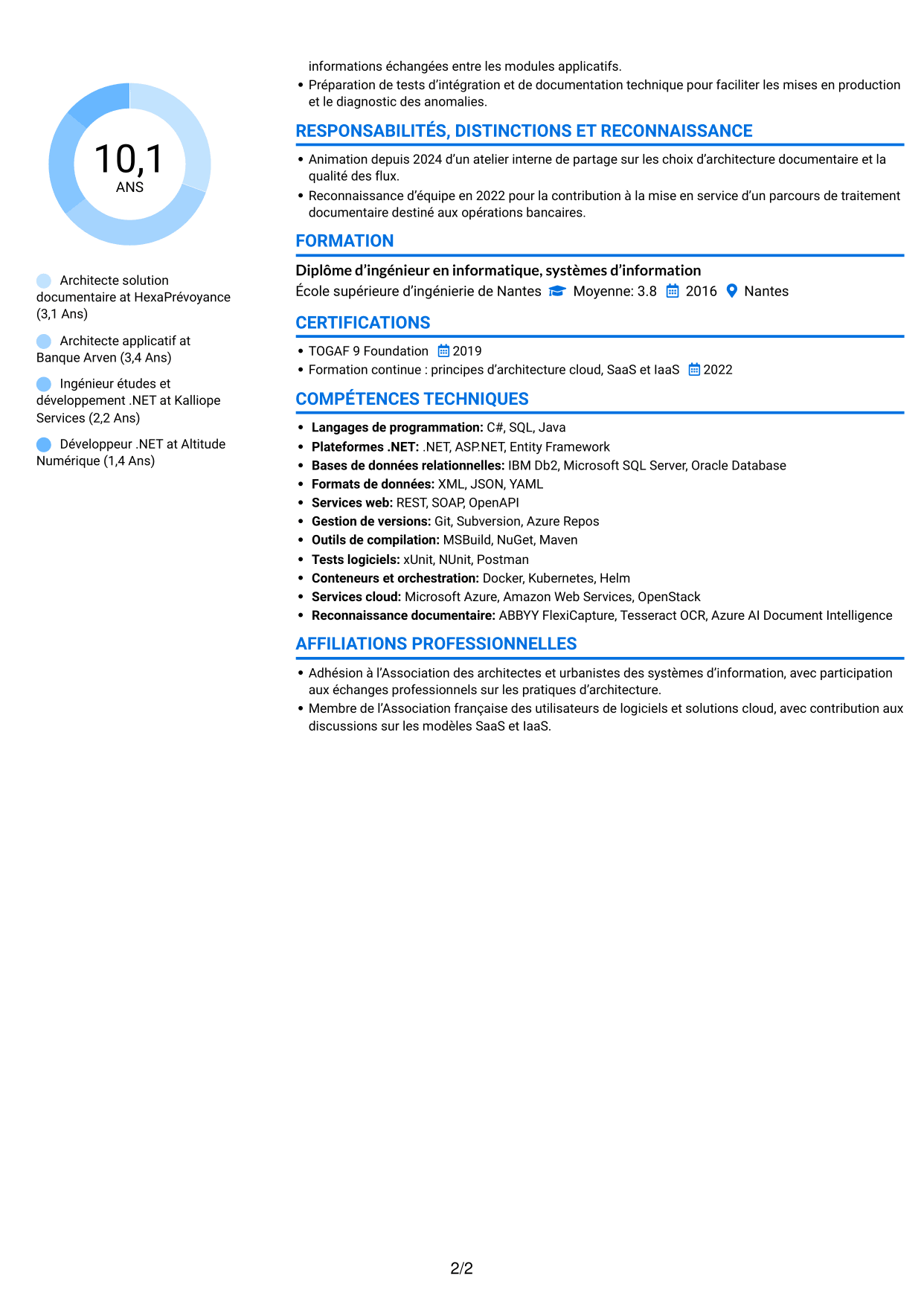 CV Audacieux (format à deux colonnes avec accents colorés et photo) : Architecte solution C# .NET, page 2