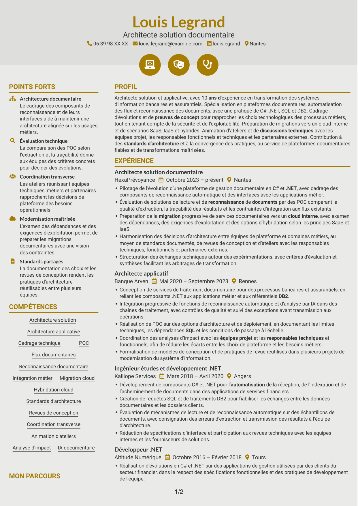 CV Dynamique (format à deux colonnes avec icônes) : Architecte solution C# .NET, page 1