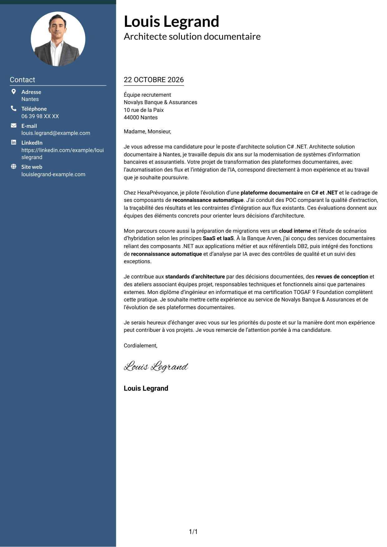 Lettre de motivation Élégant (format à colonne latérale colorée avec photo) : Architecte solution C# .NET, page 1