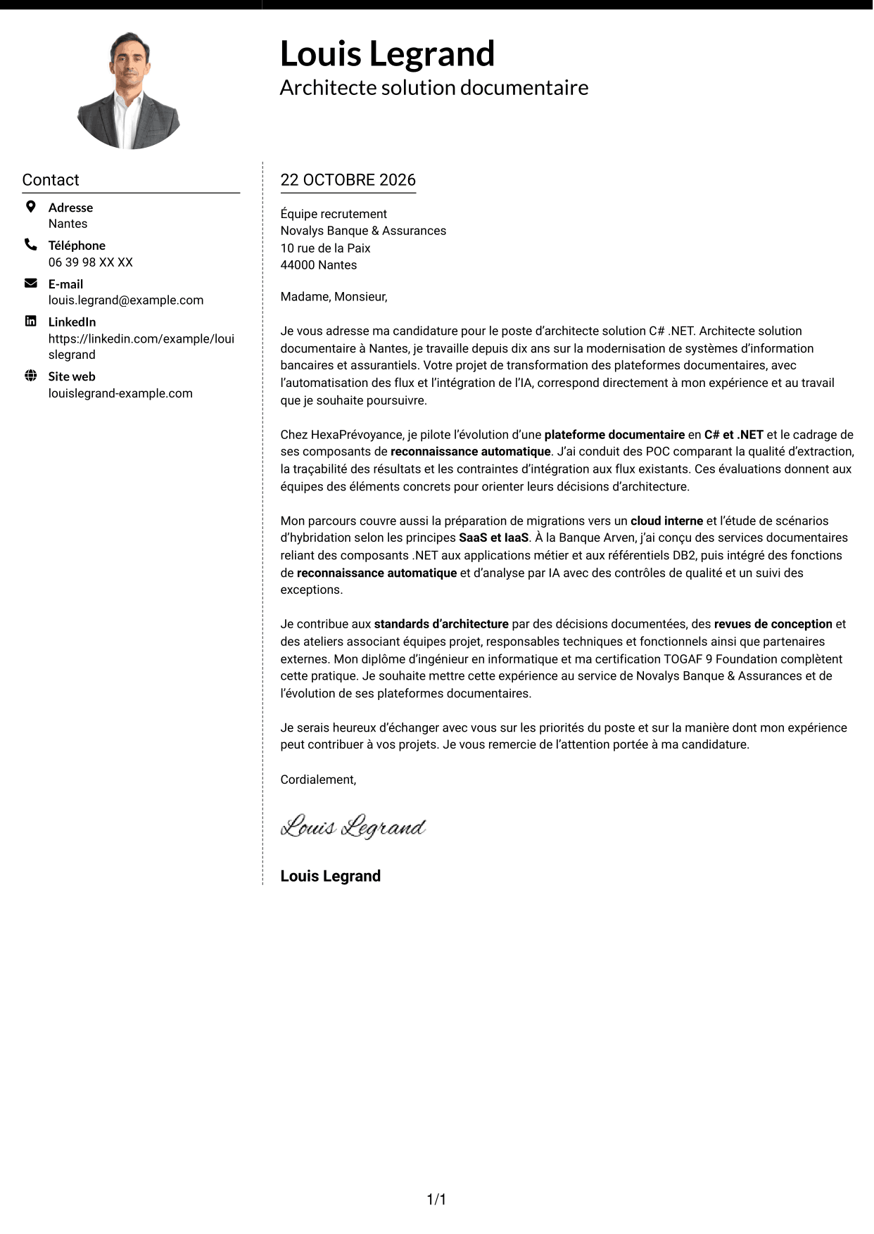 Lettre de motivation Moderne (format à deux colonnes avec photo à gauche et séparateur) : Architecte solution C# .NET, page 1