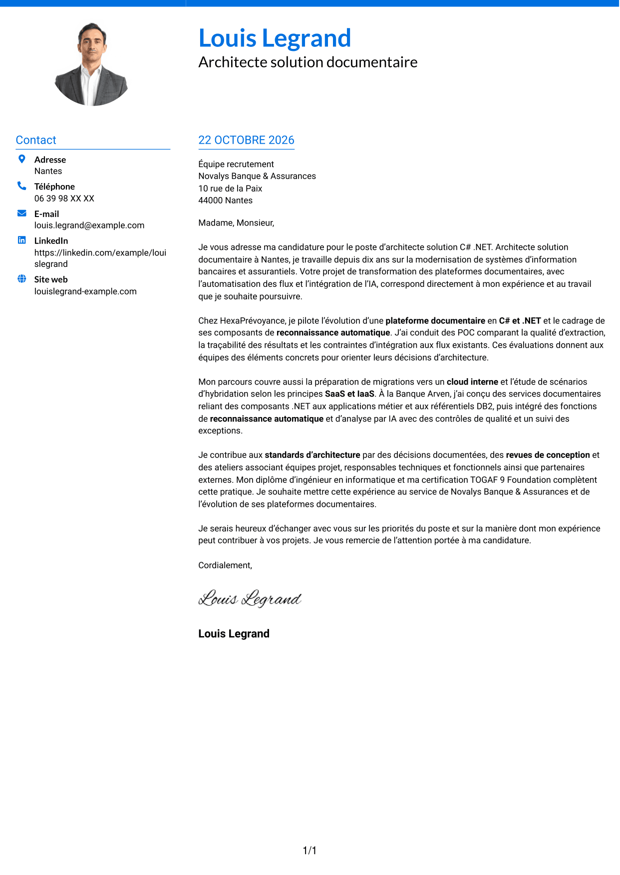 Lettre de motivation Audacieux (format à deux colonnes avec accents colorés et photo) : Architecte solution C# .NET, page 1