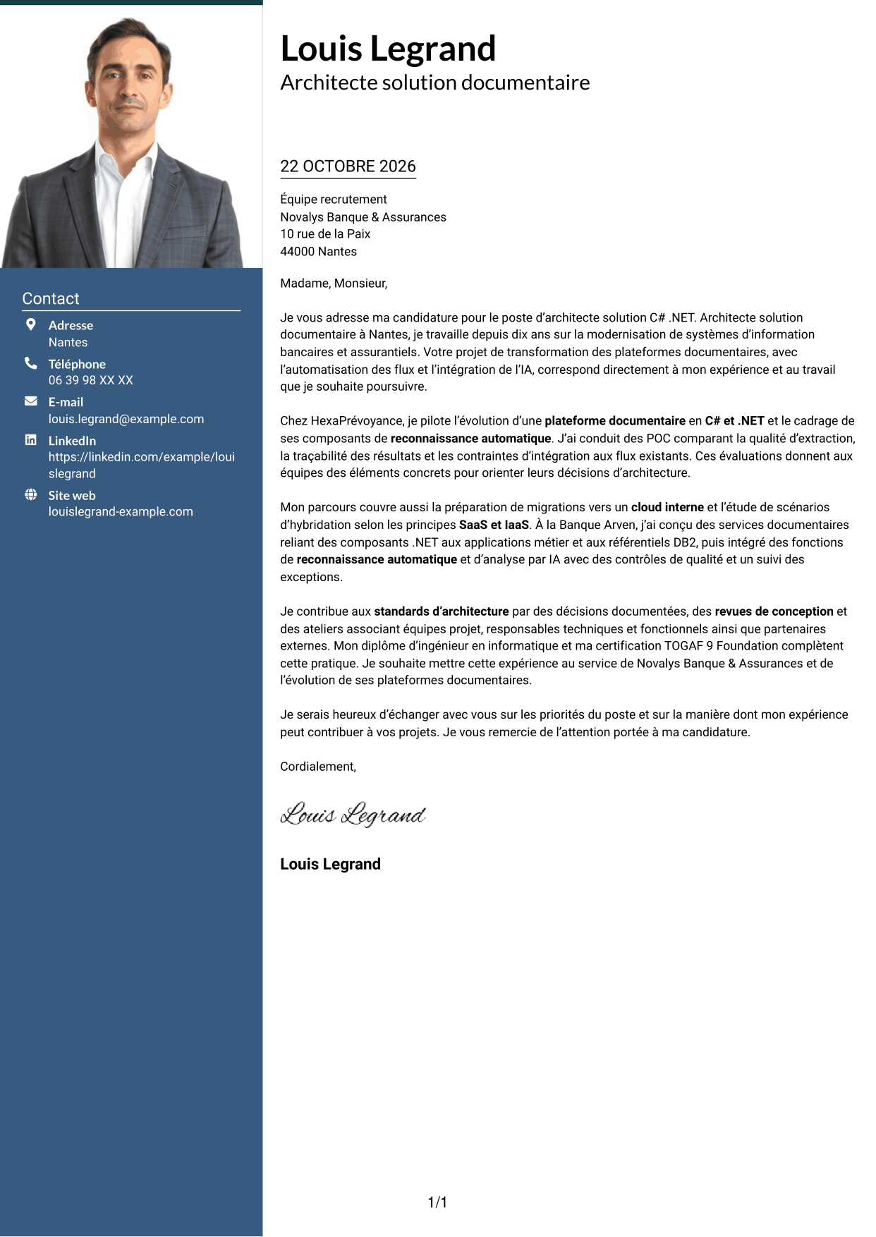 Lettre de motivation Signature (format à colonne latérale colorée avec grande photo) : Architecte solution C# .NET, page 1