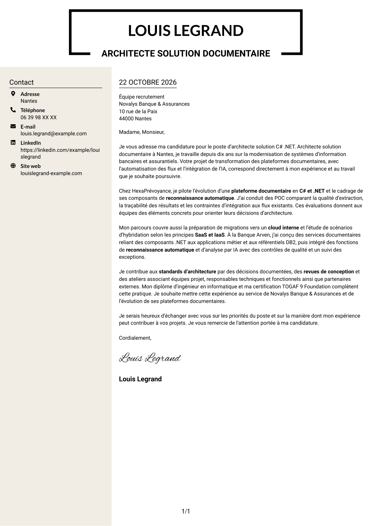 Lettre de motivation Fonceur (format à deux colonnes avec en-tête centré sans photo) : Architecte solution C# .NET, page 1
