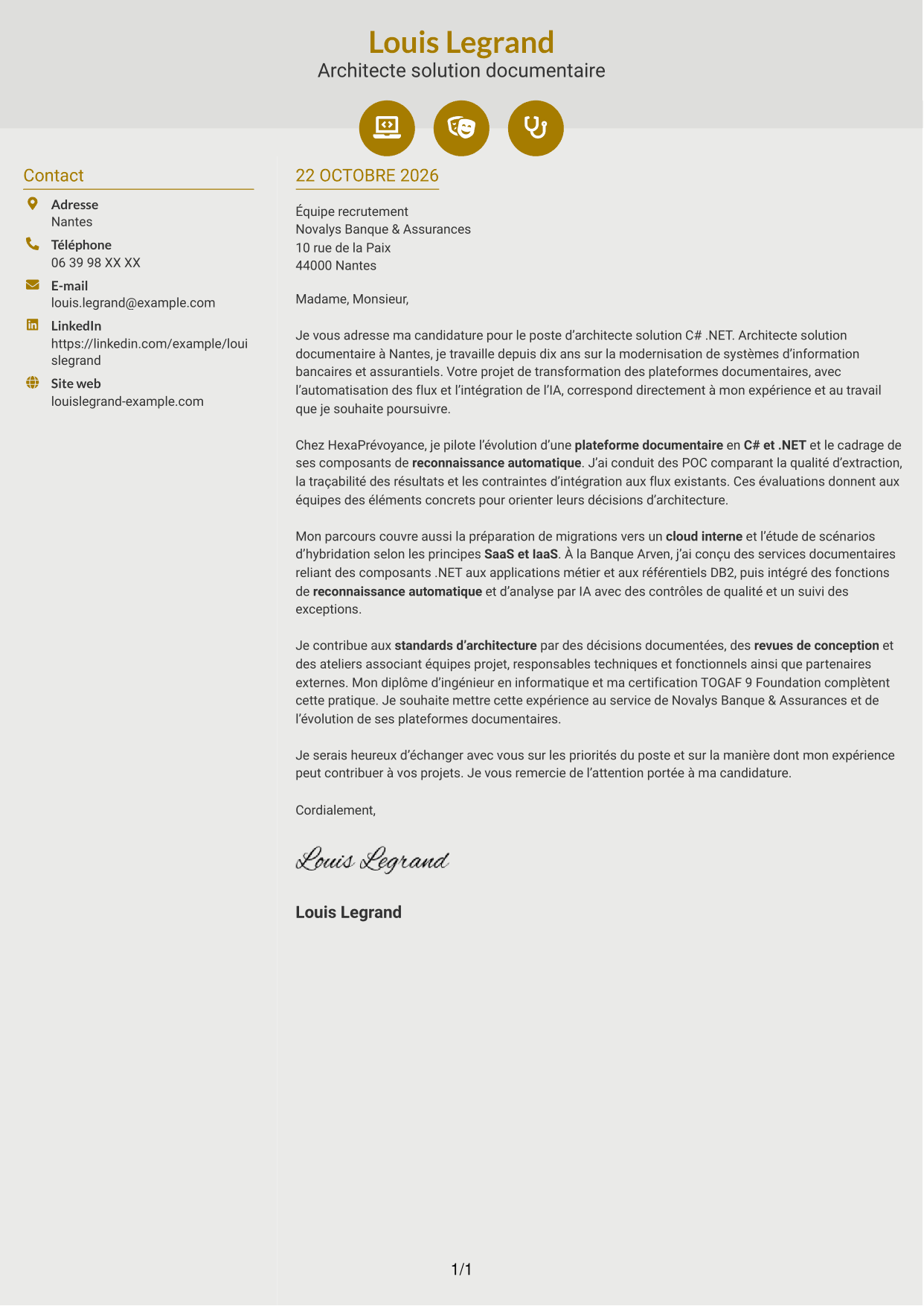 Lettre de motivation Dynamique (format à deux colonnes avec icônes) : Architecte solution C# .NET, page 1