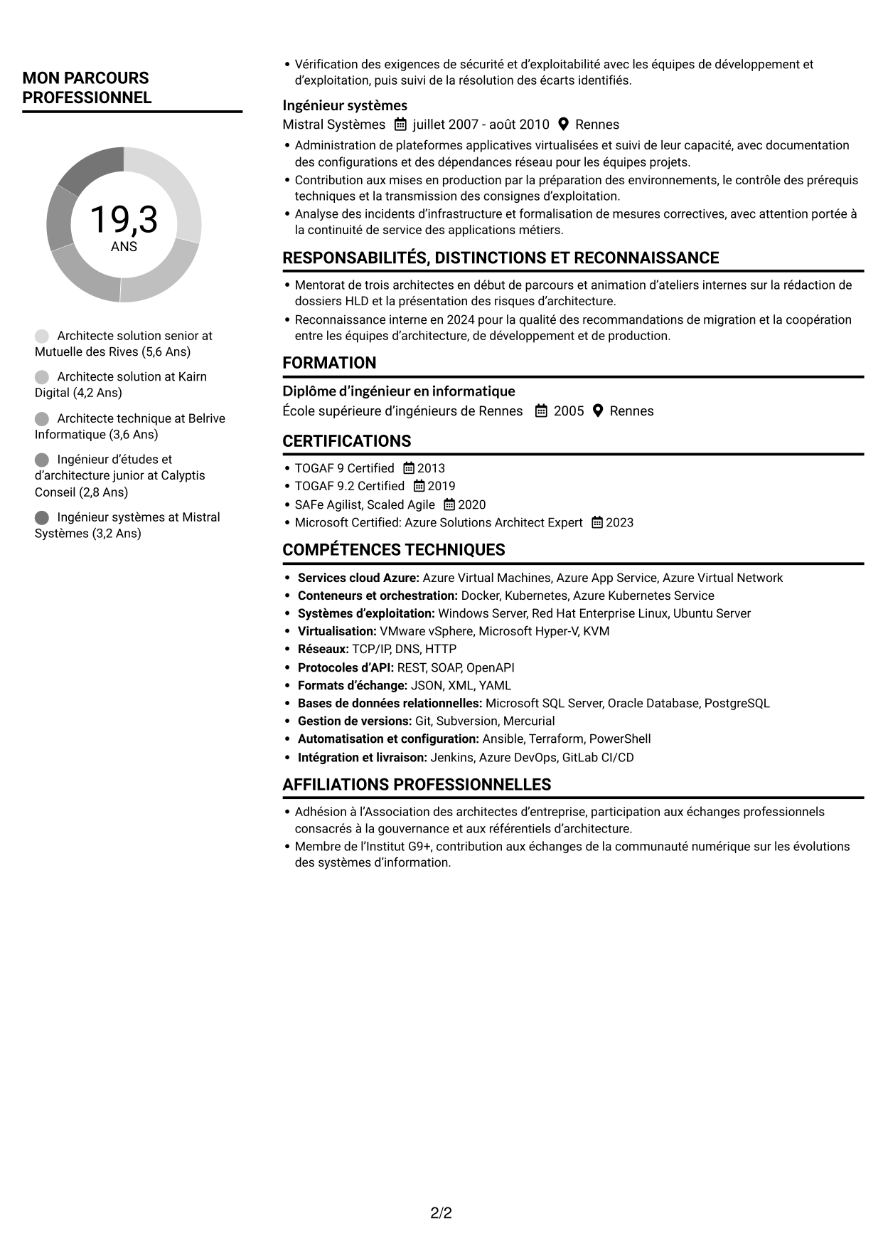 CV Compact (format sobre à deux colonnes avec photo) : Architecte Solution - Cloud et Systèmes d'Information, page 2