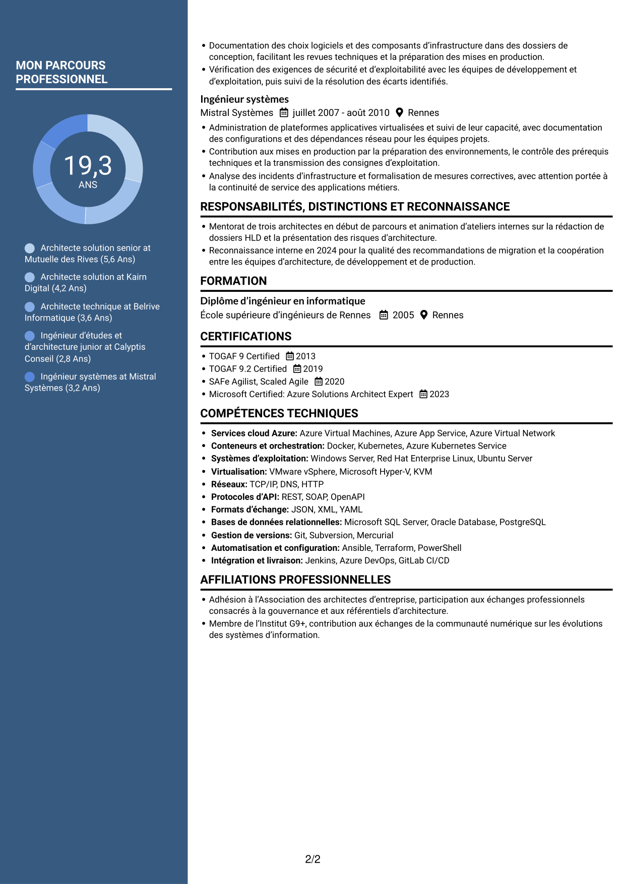 CV Élégant (format à colonne latérale colorée avec photo) : Architecte Solution - Cloud et Systèmes d'Information, page 2