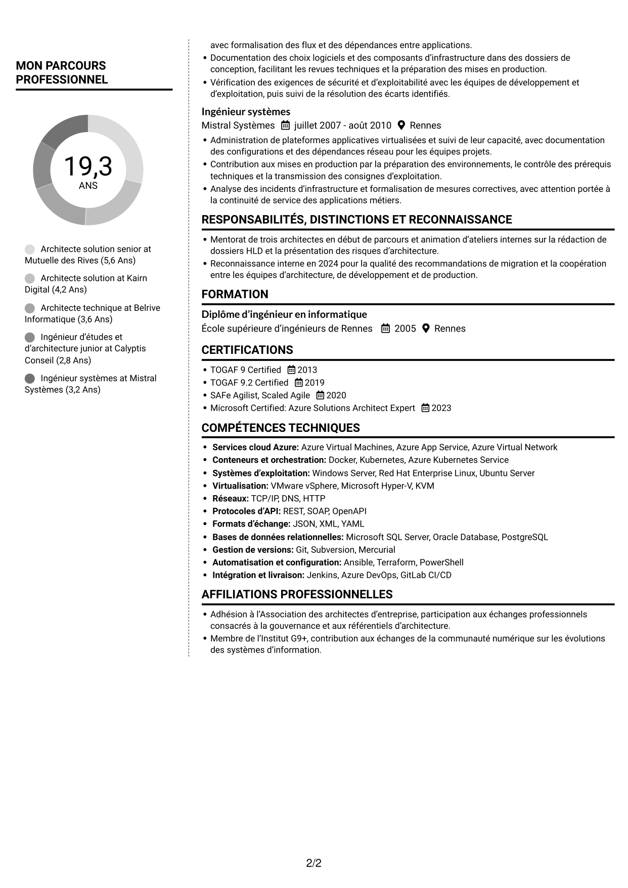 CV Moderne (format à deux colonnes avec photo à gauche et séparateur) : Architecte Solution - Cloud et Systèmes d'Information, page 2
