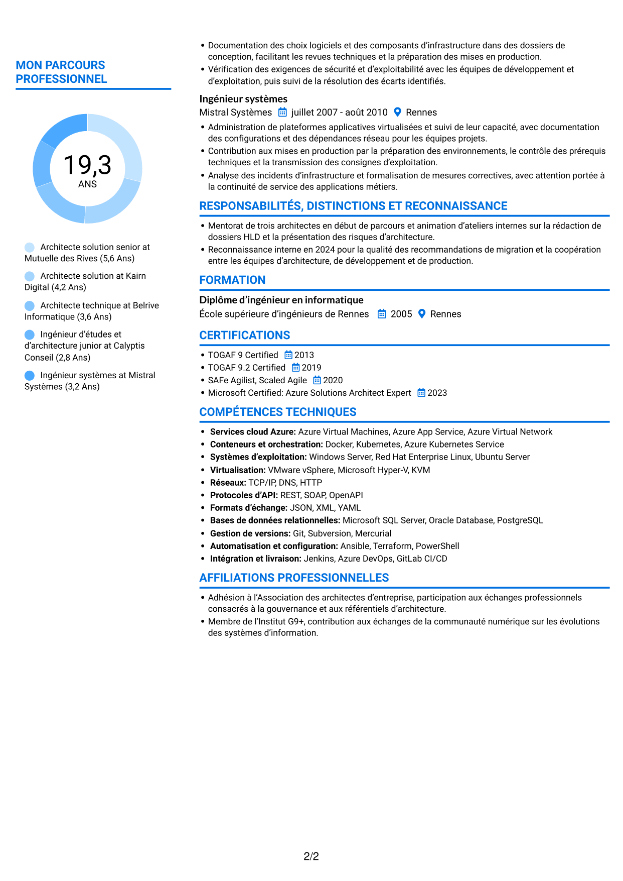 CV Audacieux (format à deux colonnes avec accents colorés et photo) : Architecte Solution - Cloud et Systèmes d'Information, page 2