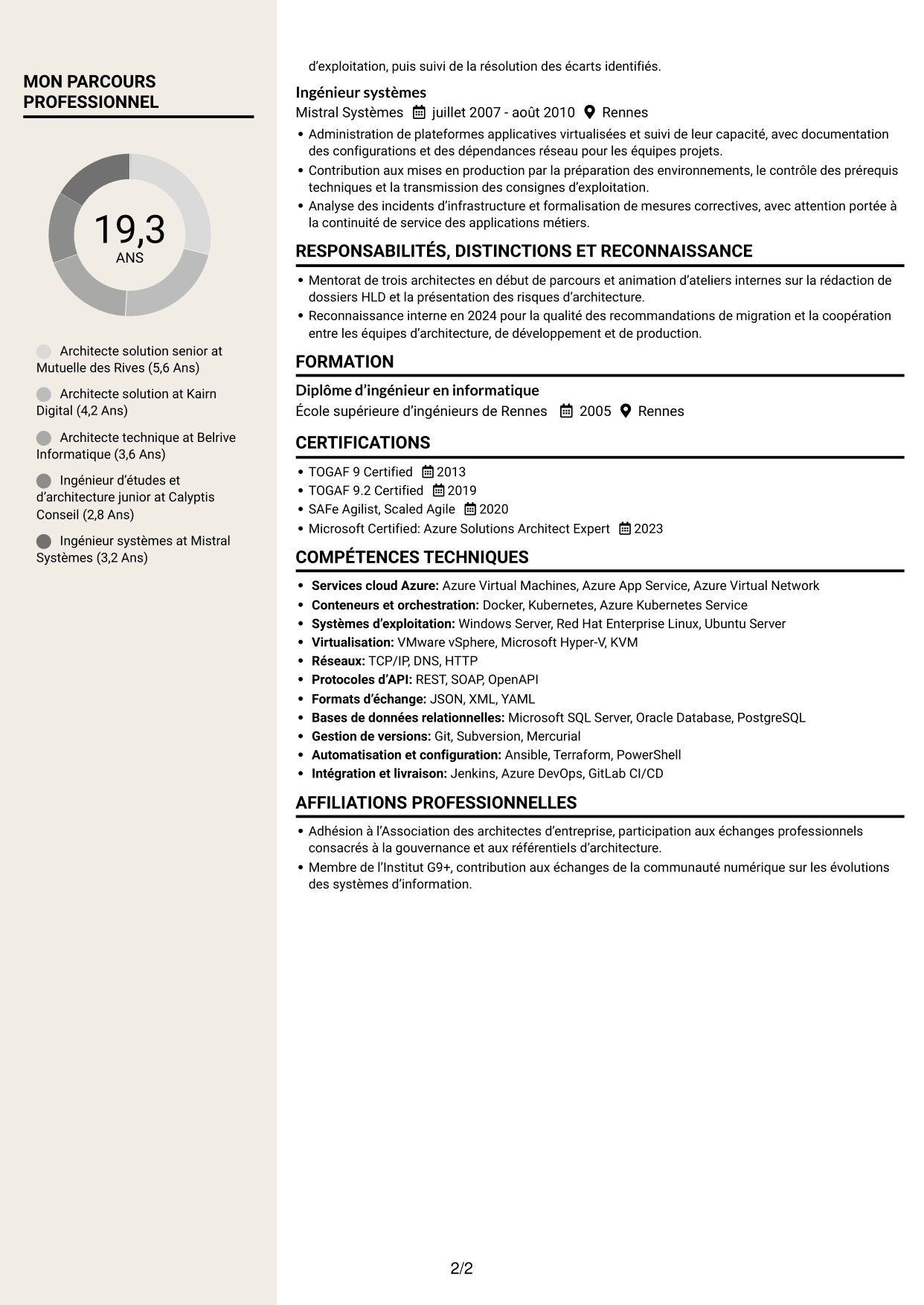 CV Fonceur (format à deux colonnes avec en-tête centré sans photo) : Architecte Solution - Cloud et Systèmes d'Information, page 2