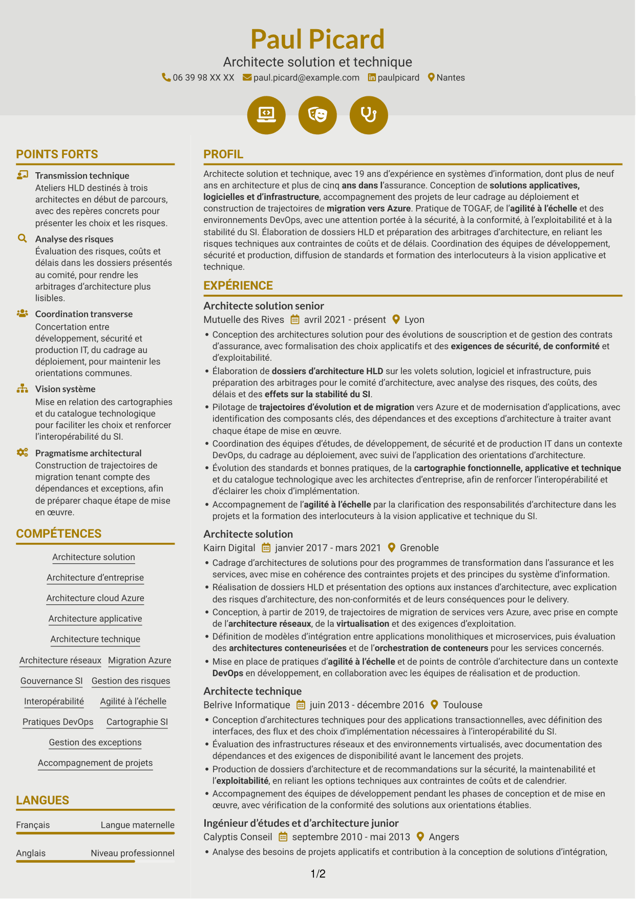 CV Dynamique (format à deux colonnes avec icônes) : Architecte Solution - Cloud et Systèmes d'Information, page 1