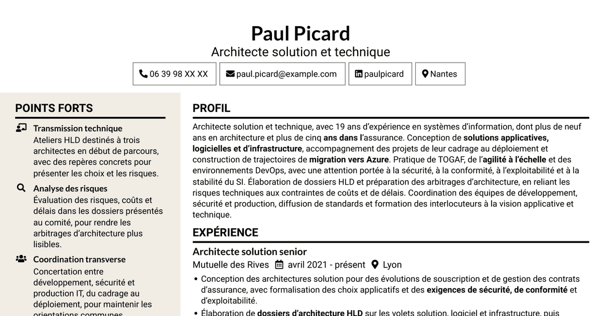 7 modèles de CV pour Architecte Solution - Cloud et Systèmes d'Information, avec exemples