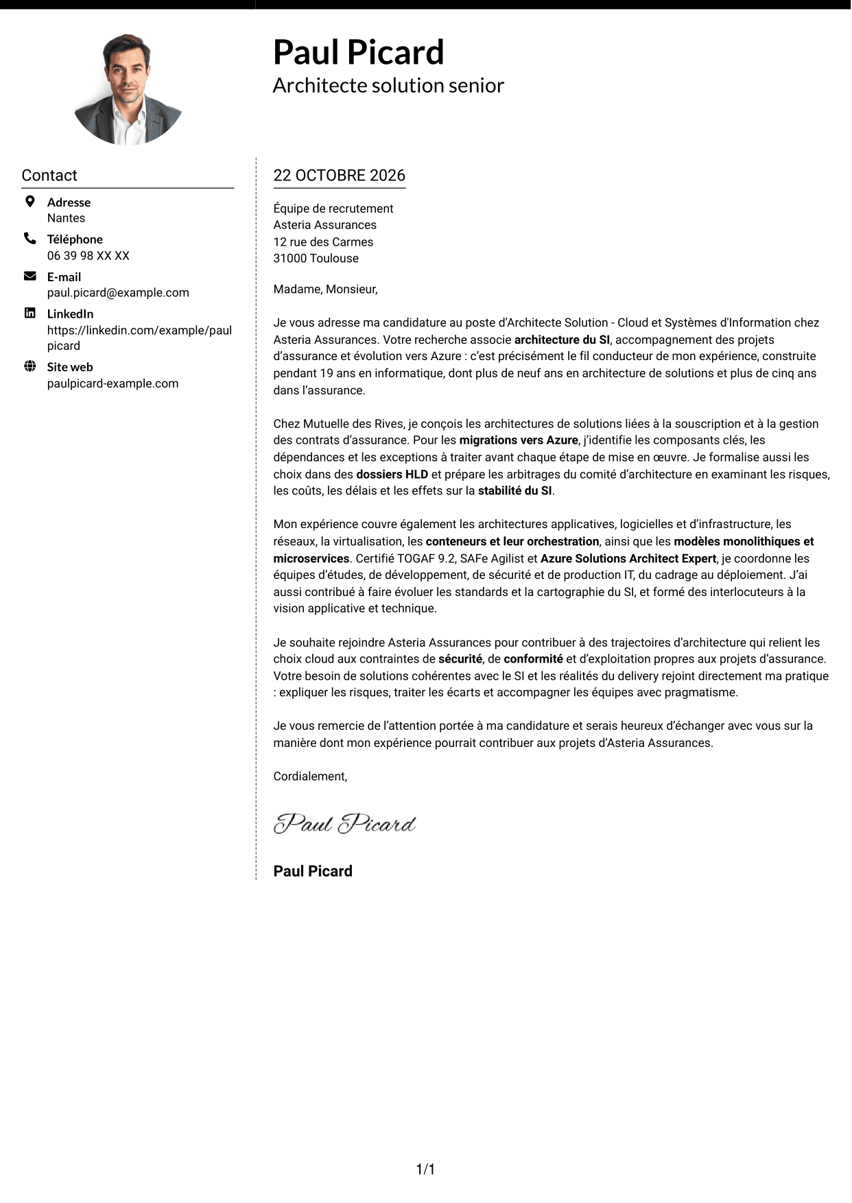 Lettre de motivation Moderne (format à deux colonnes avec photo à gauche et séparateur) : Architecte Solution - Cloud et Systèmes d'Information, page 1