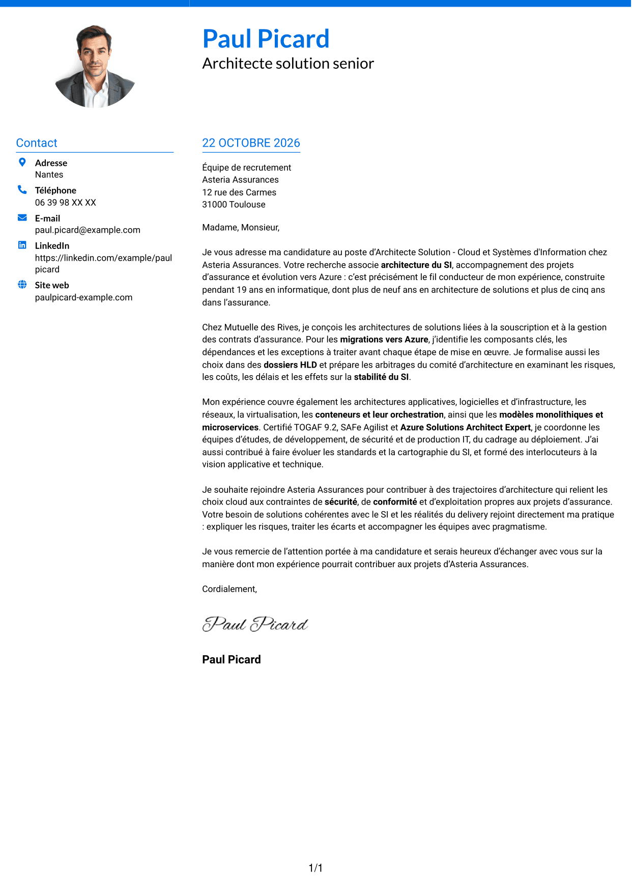 Lettre de motivation Audacieux (format à deux colonnes avec accents colorés et photo) : Architecte Solution - Cloud et Systèmes d'Information, page 1