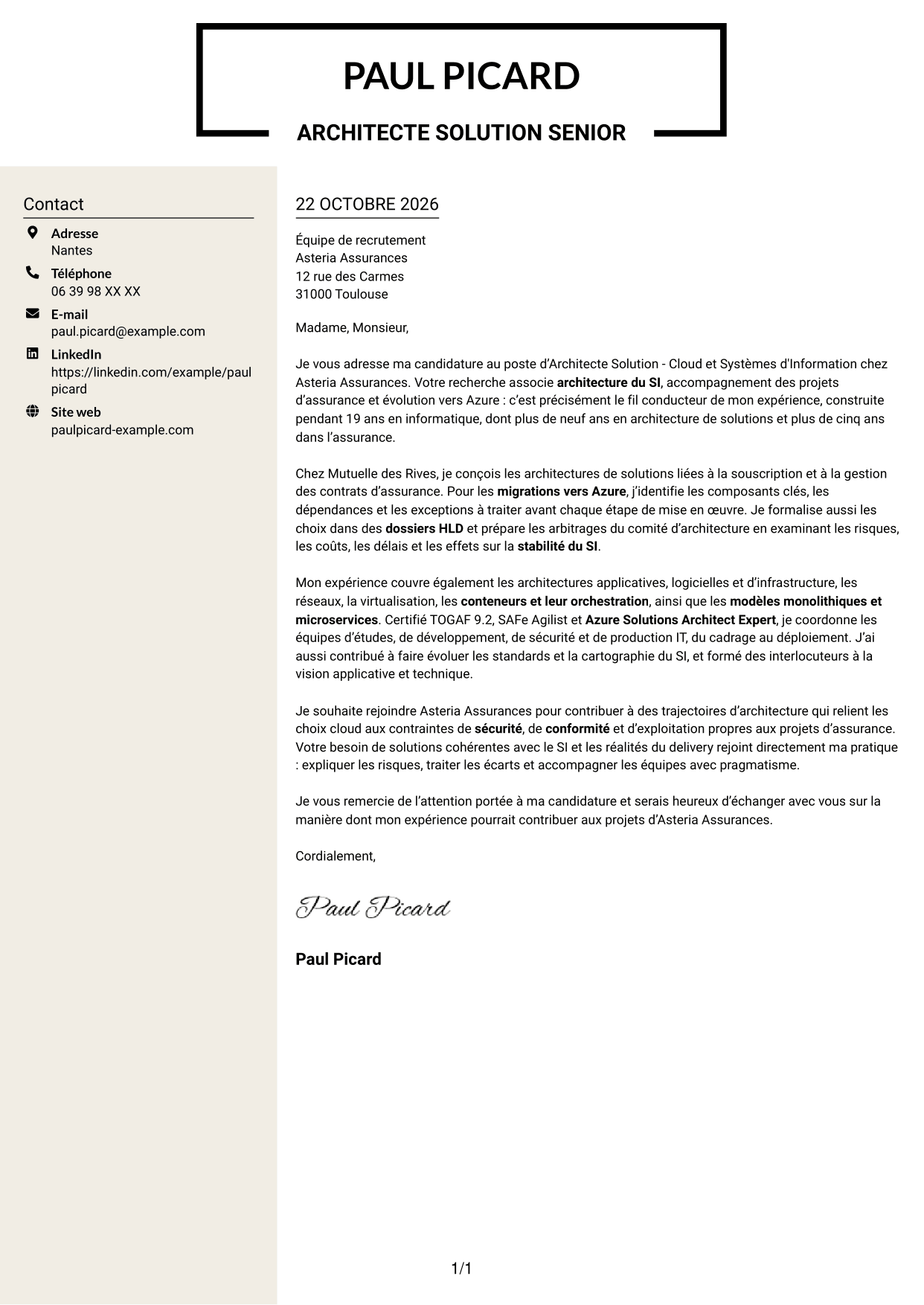 Lettre de motivation Fonceur (format à deux colonnes avec en-tête centré sans photo) : Architecte Solution - Cloud et Systèmes d'Information, page 1