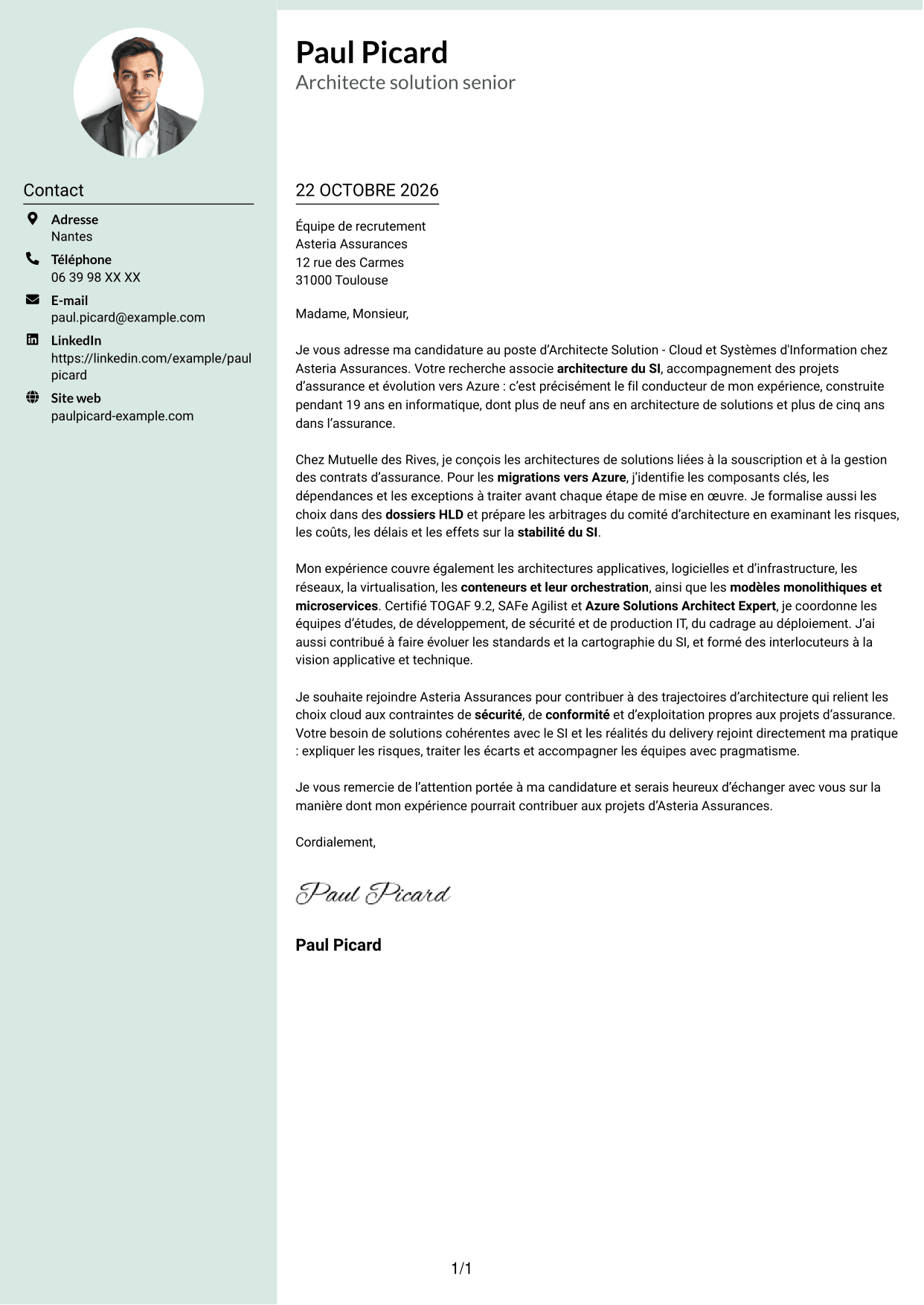 Lettre de motivation Cadre (format à colonne latérale douce avec photo arrondie) : Architecte Solution - Cloud et Systèmes d'Information, page 1