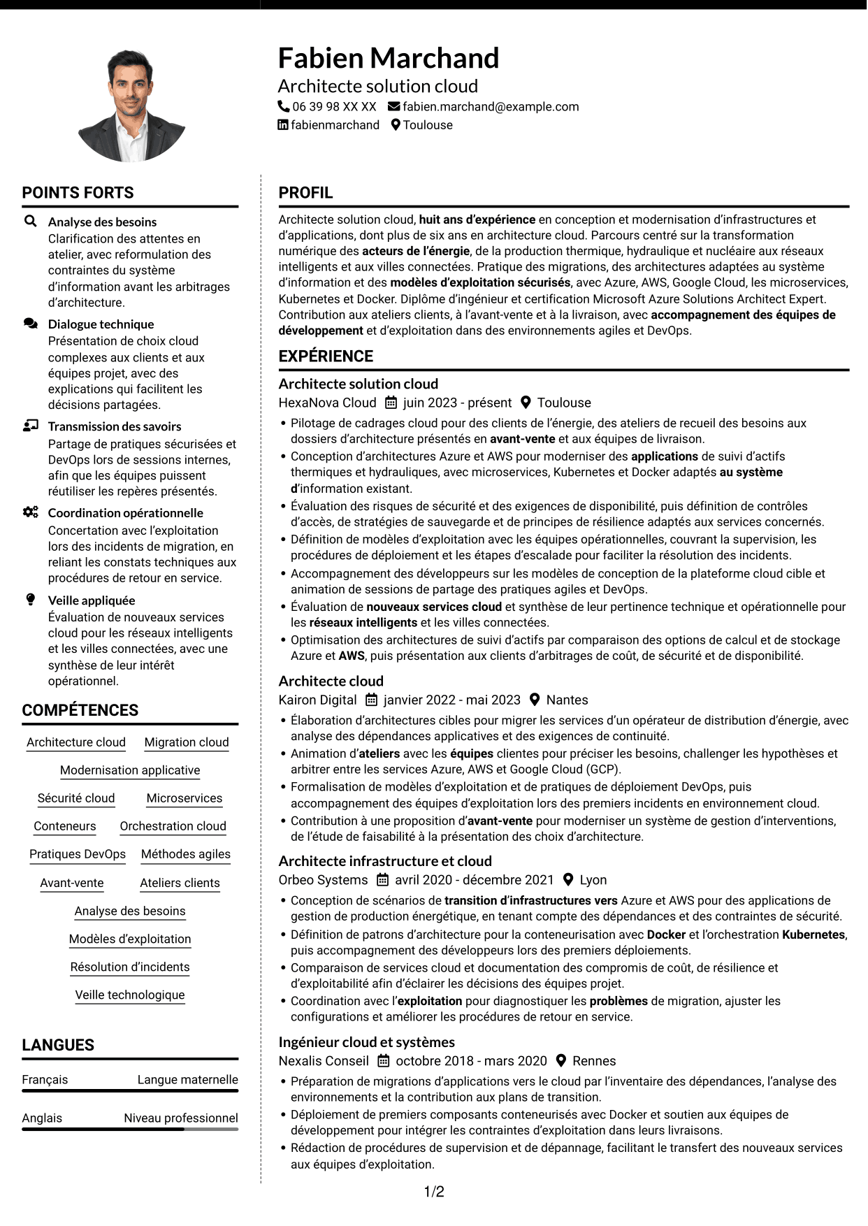 CV Moderne (format à deux colonnes avec photo à gauche et séparateur) : Architecte Solution Cloud - Énergie et utilities, page 1