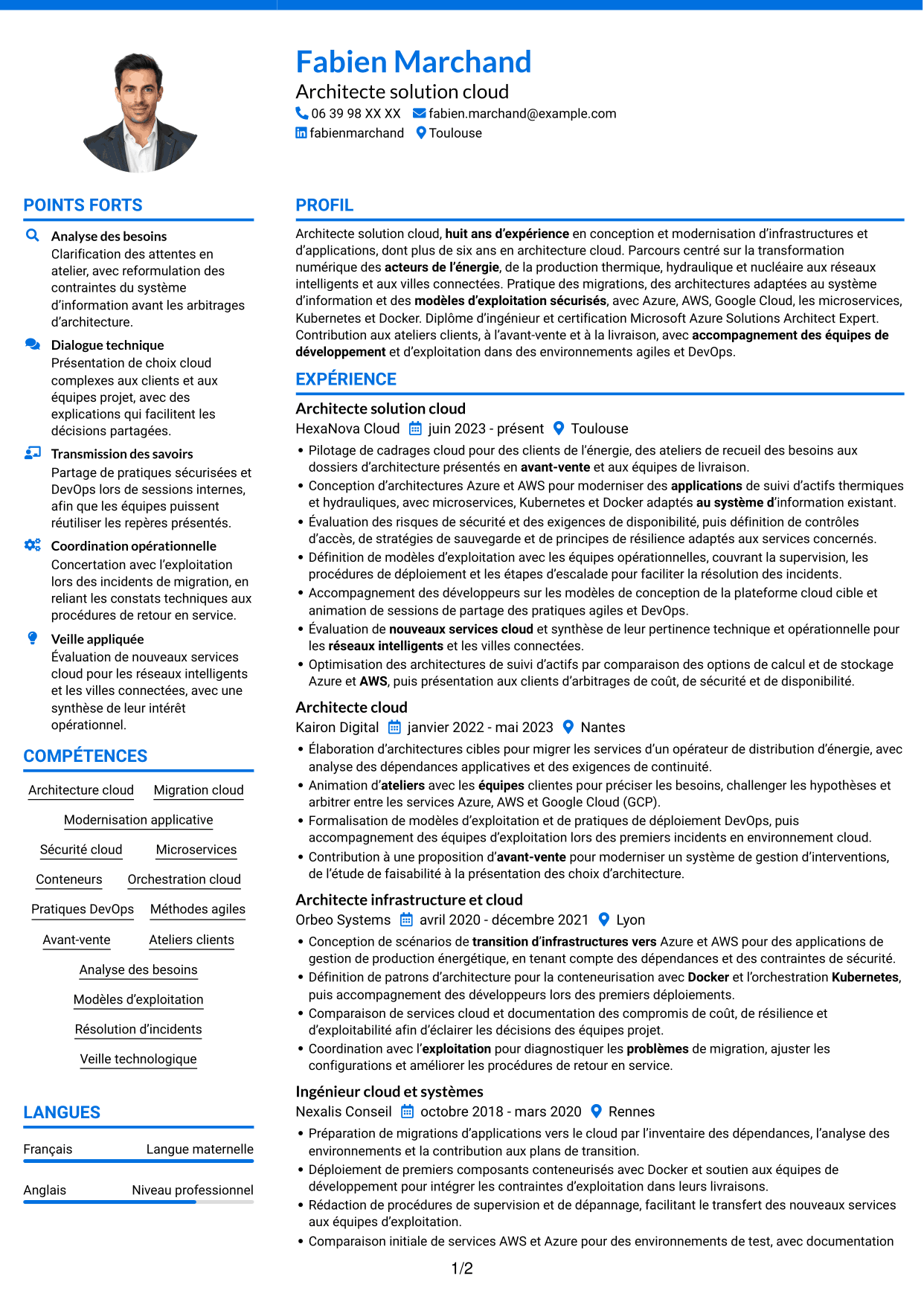CV Audacieux (format à deux colonnes avec accents colorés et photo) : Architecte Solution Cloud - Énergie et utilities, page 1