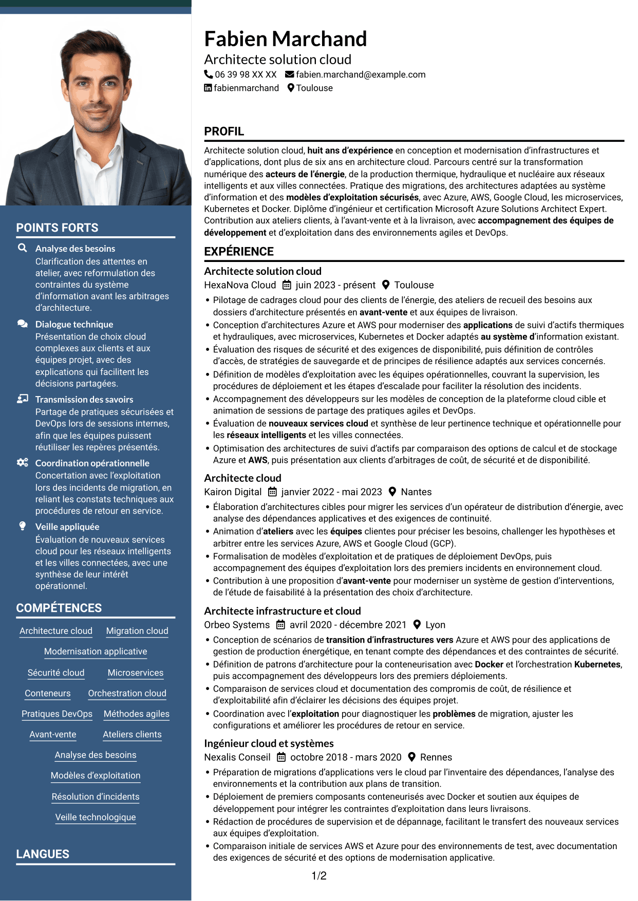 CV Signature (format à colonne latérale colorée avec grande photo) : Architecte Solution Cloud - Énergie et utilities, page 1