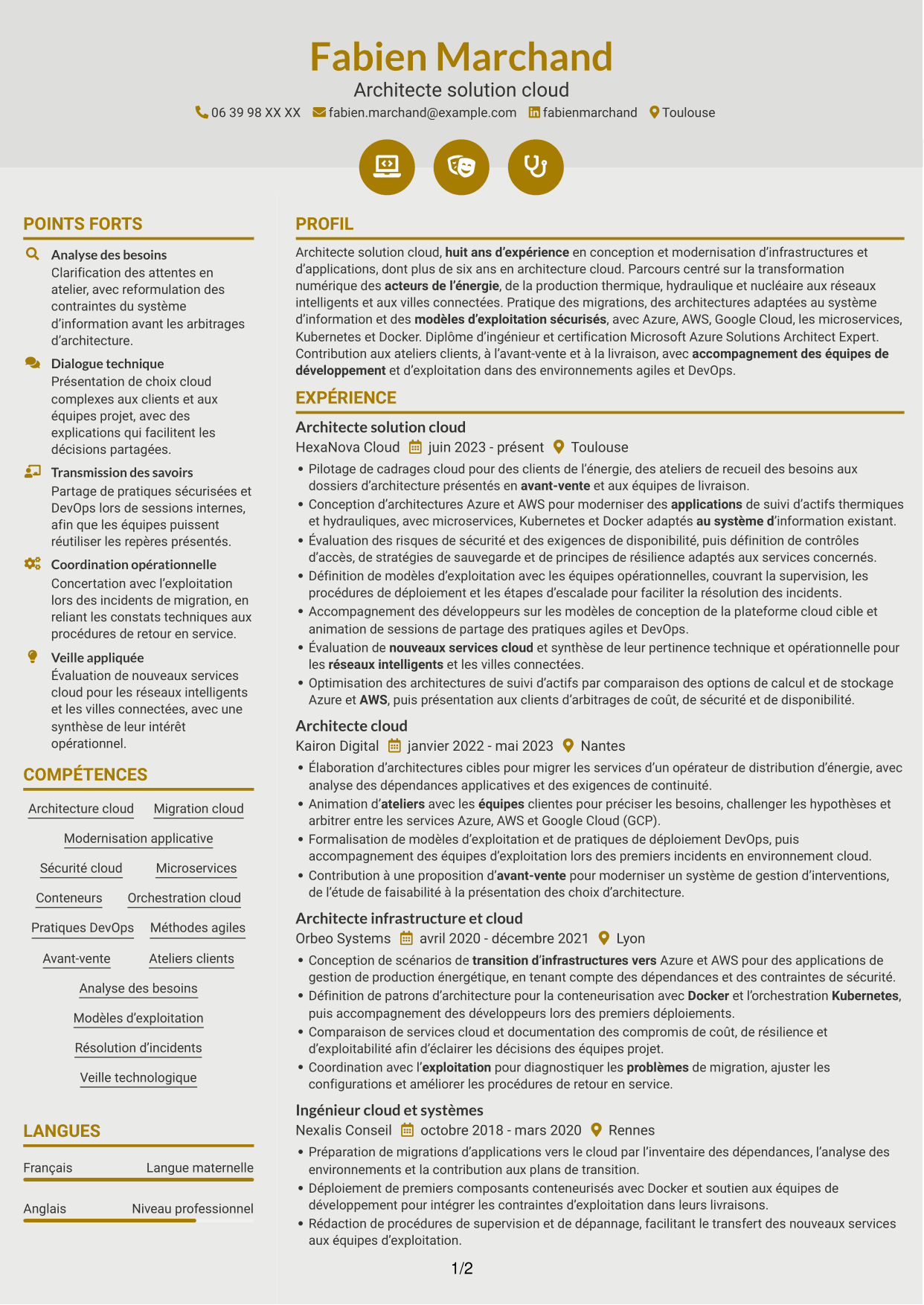 CV Dynamique (format à deux colonnes avec icônes) : Architecte Solution Cloud - Énergie et utilities, page 1
