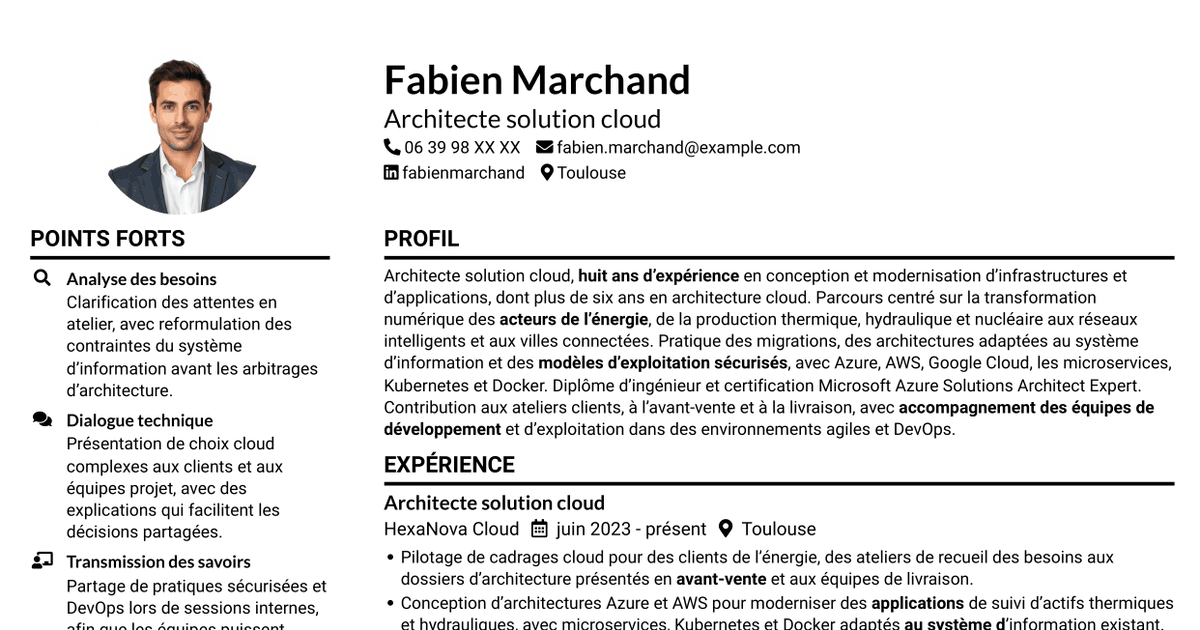 7 modèles de CV pour Architecte Solution Cloud - Énergie et utilities, avec exemples