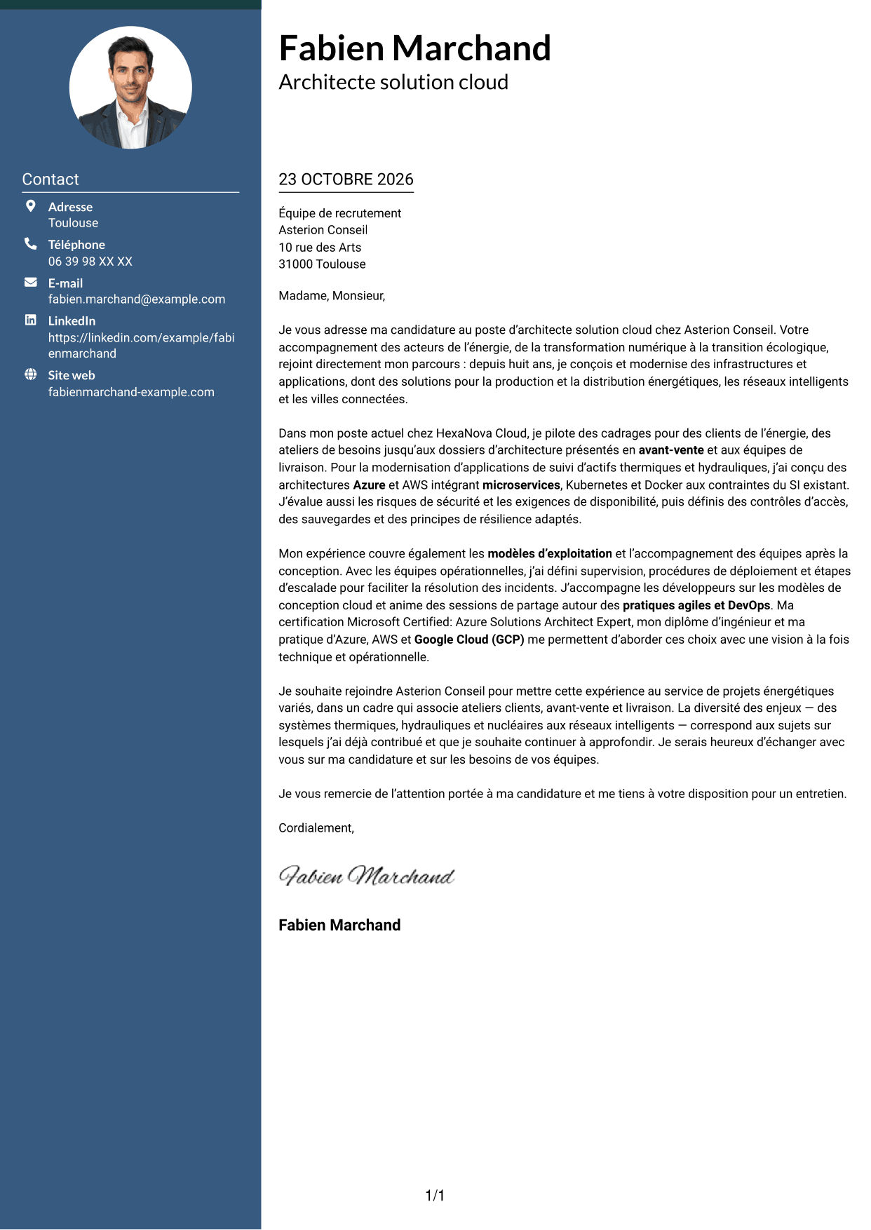 Lettre de motivation Élégant (format à colonne latérale colorée avec photo) : Architecte Solution Cloud - Énergie et utilities, page 1