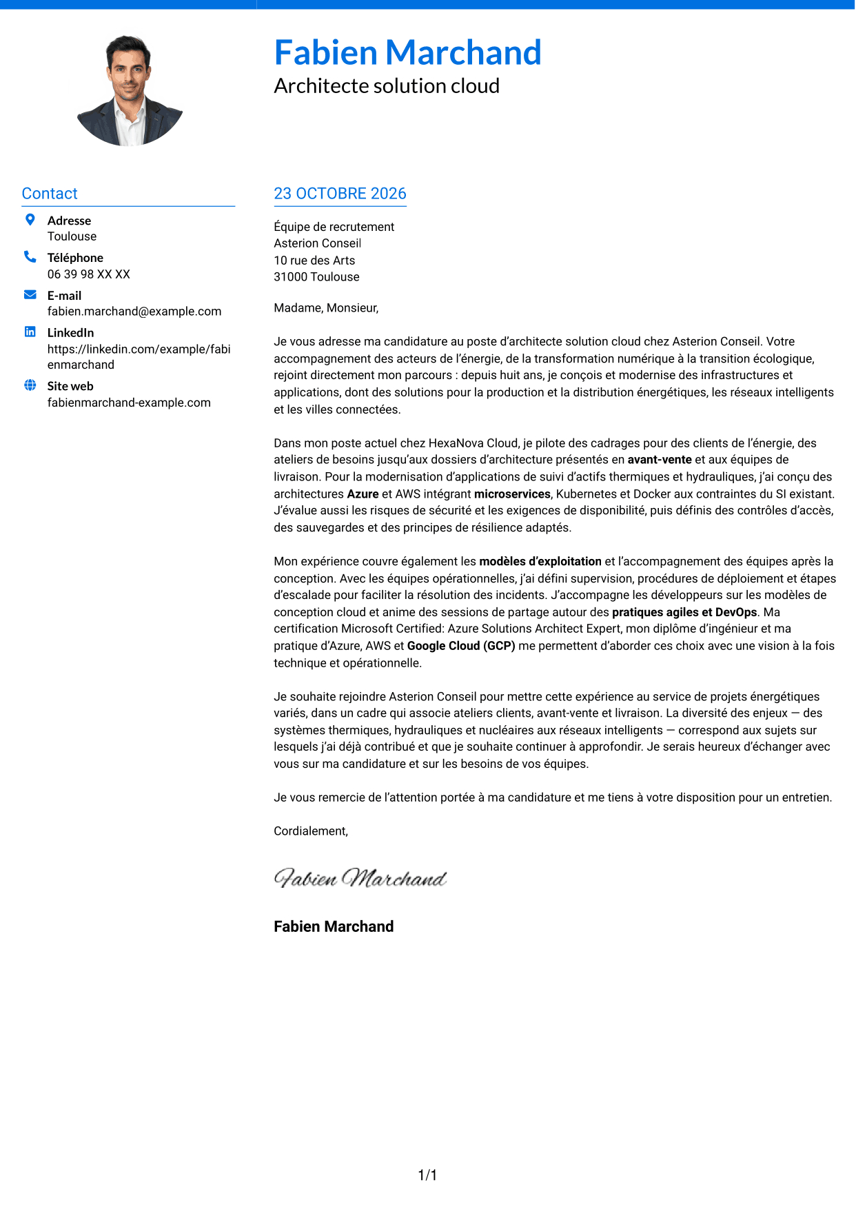 Lettre de motivation Audacieux (format à deux colonnes avec accents colorés et photo) : Architecte Solution Cloud - Énergie et utilities, page 1