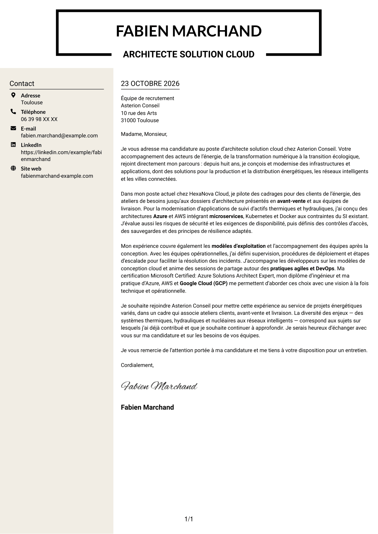 Lettre de motivation Fonceur (format à deux colonnes avec en-tête centré sans photo) : Architecte Solution Cloud - Énergie et utilities, page 1