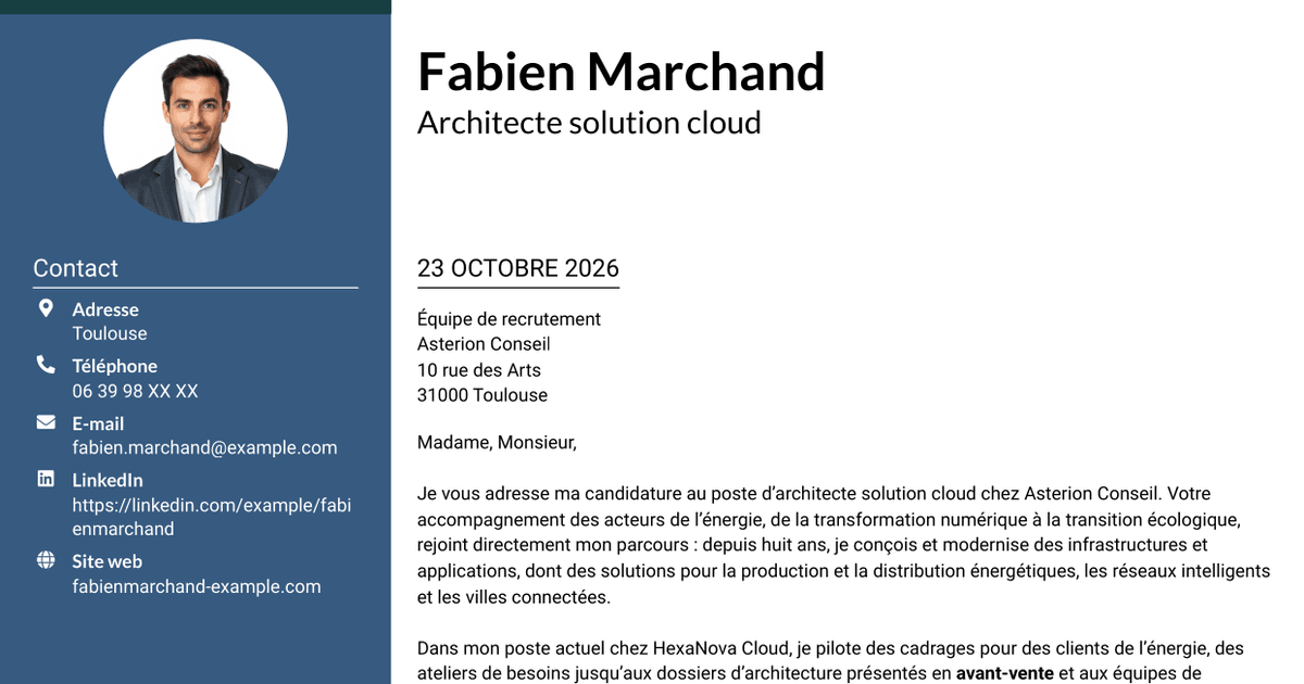 7 modèles de lettre de motivation pour Architecte Solution Cloud - Énergie et utilities, avec exemples