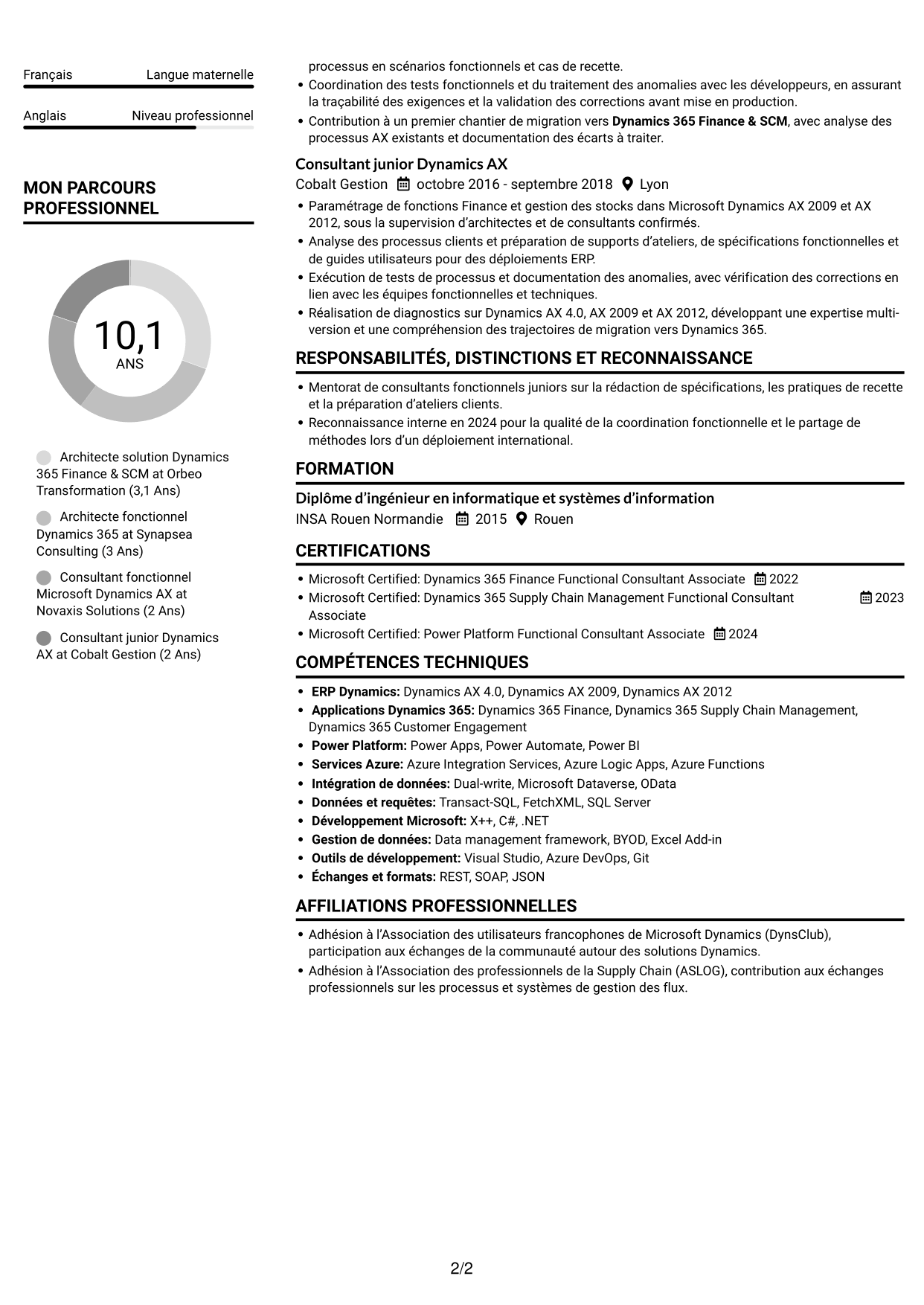 CV Compact (format sobre à deux colonnes avec photo) : Architecte solution - Dynamics 365 Finance & SCM, page 2